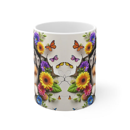 Tasse Céramique Berger Australien et Fleurs – Mug Chien Mignon Papillons – Cadeau Animaux Bohème 325ml