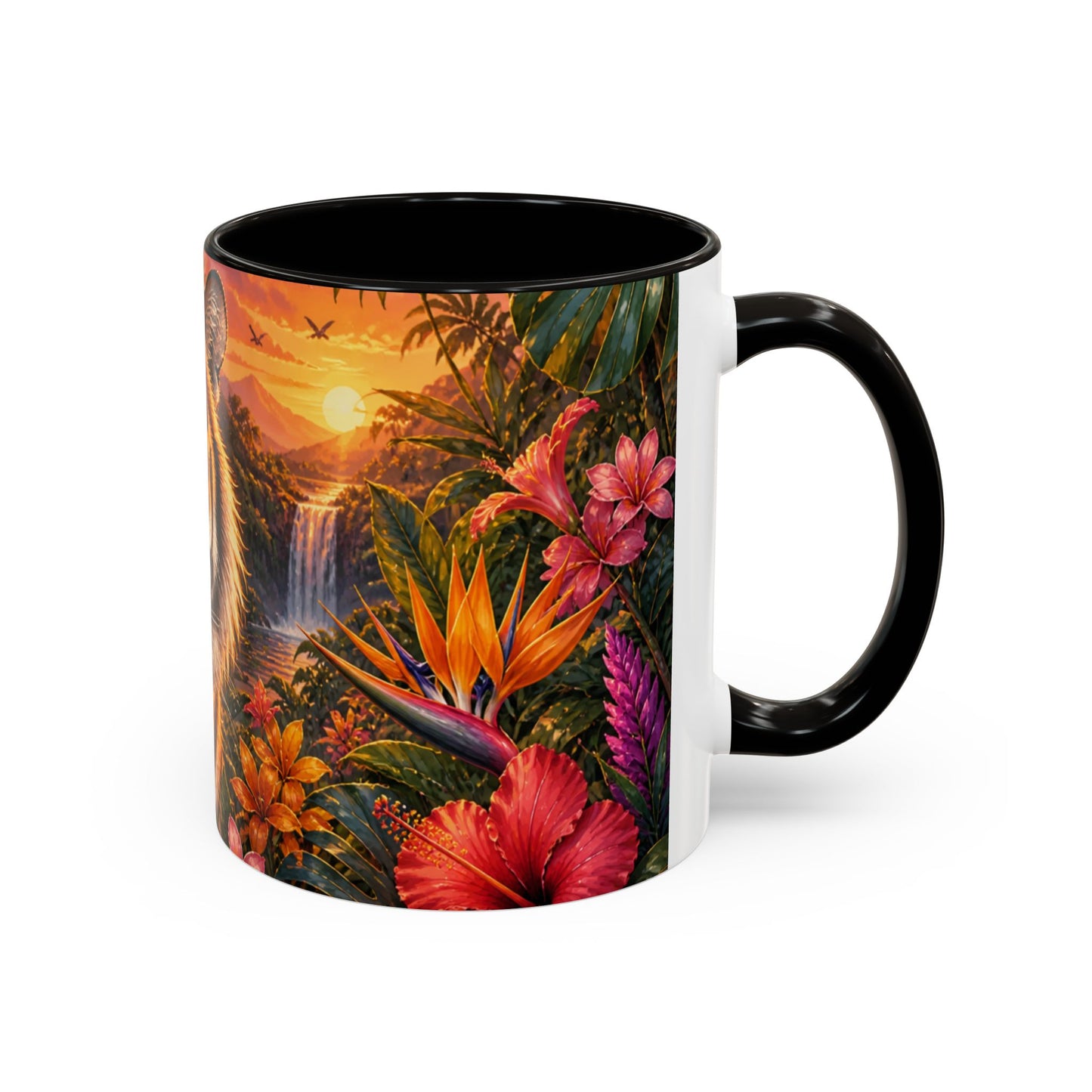 Tasse Tigre Tropical – Mug Jungle avec Tigre Majestueux, Fleurs Exotiques et Cascade au Soleil Couchant – Design Safari 325ml