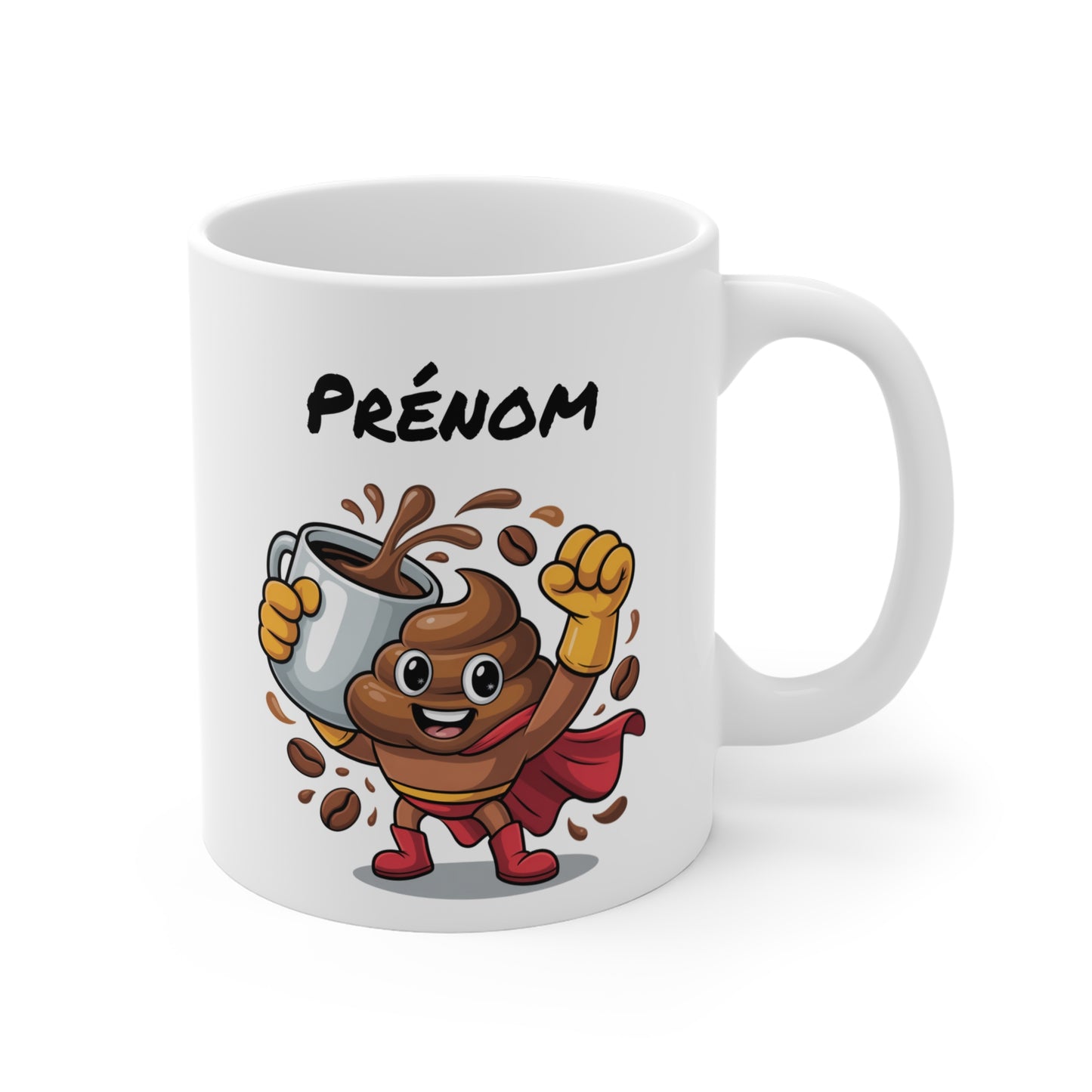 Mug Personnalisable Super Caca Café – Tasse Humoristique Héros Marron avec Cape Rouge – Cadeau Drôle