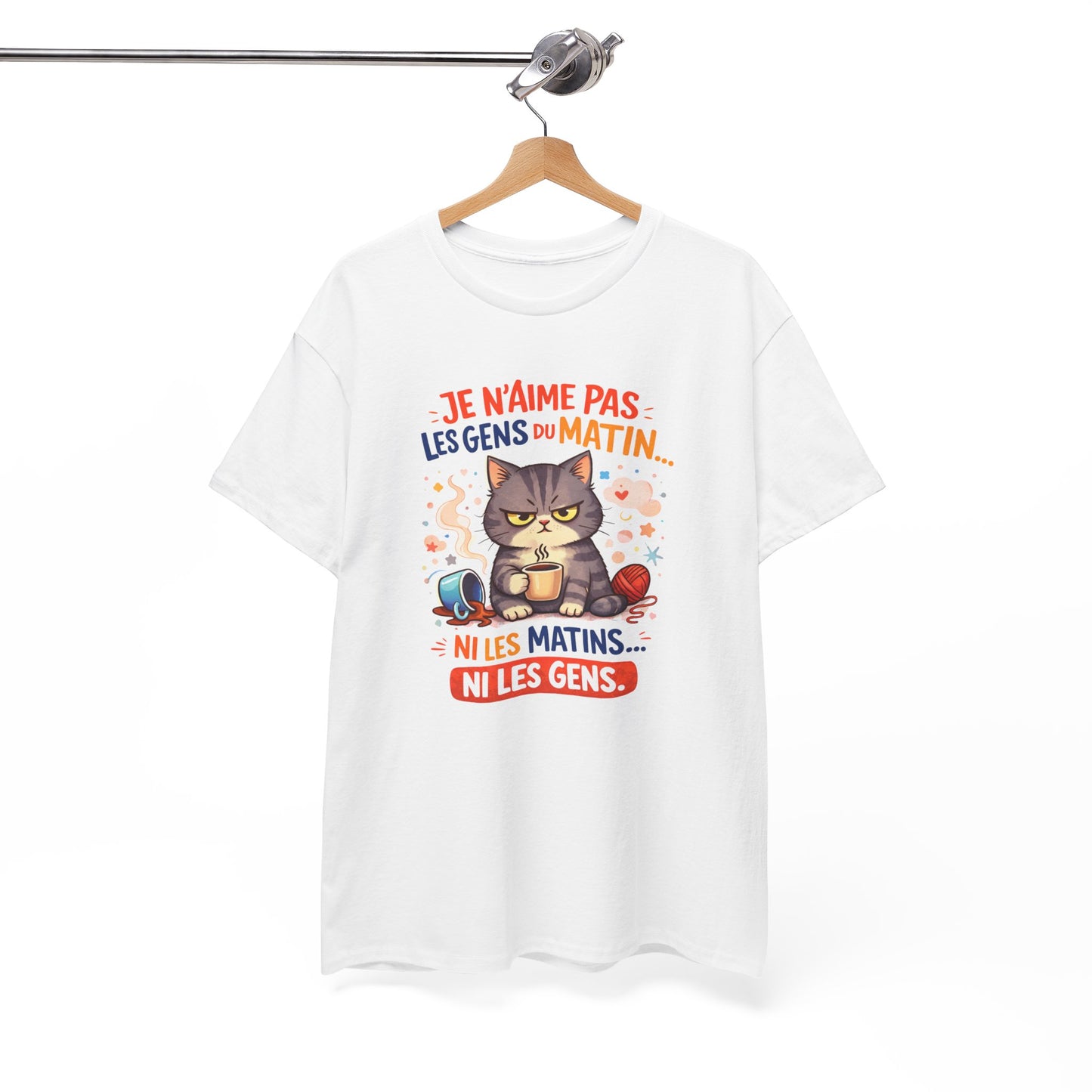 Tee Shirt Chat Humour Je n’aime pas les gens du matin – Amoureux du café drôle – Cadeau Blanc Gris Noir
