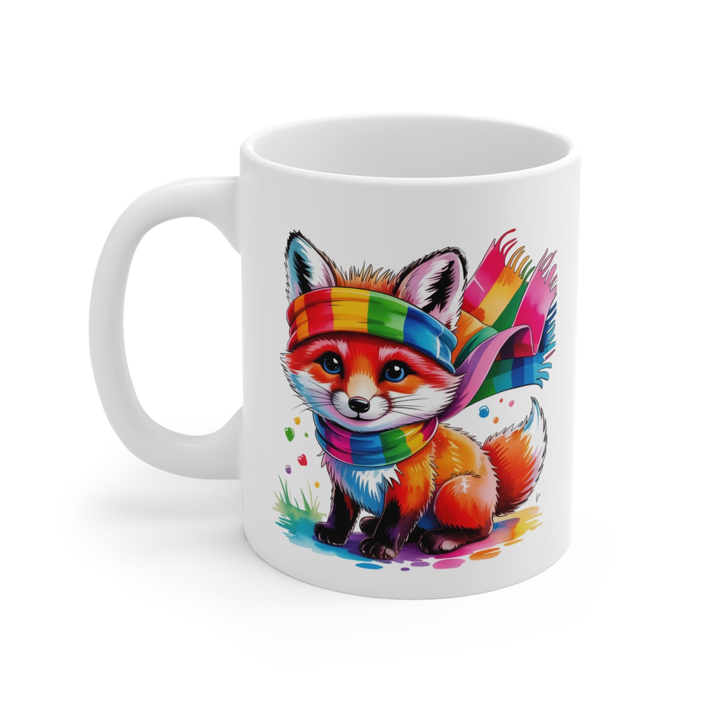 Mug Renard Kawaii Arc-en-Ciel – Tasse Fox Colorée avec Écharpe Rainbow – Design Animal Mignon et Fantaisie – Cadeau Original pour Enfants et Fans de Kawaii – Mug Céramique 325ml