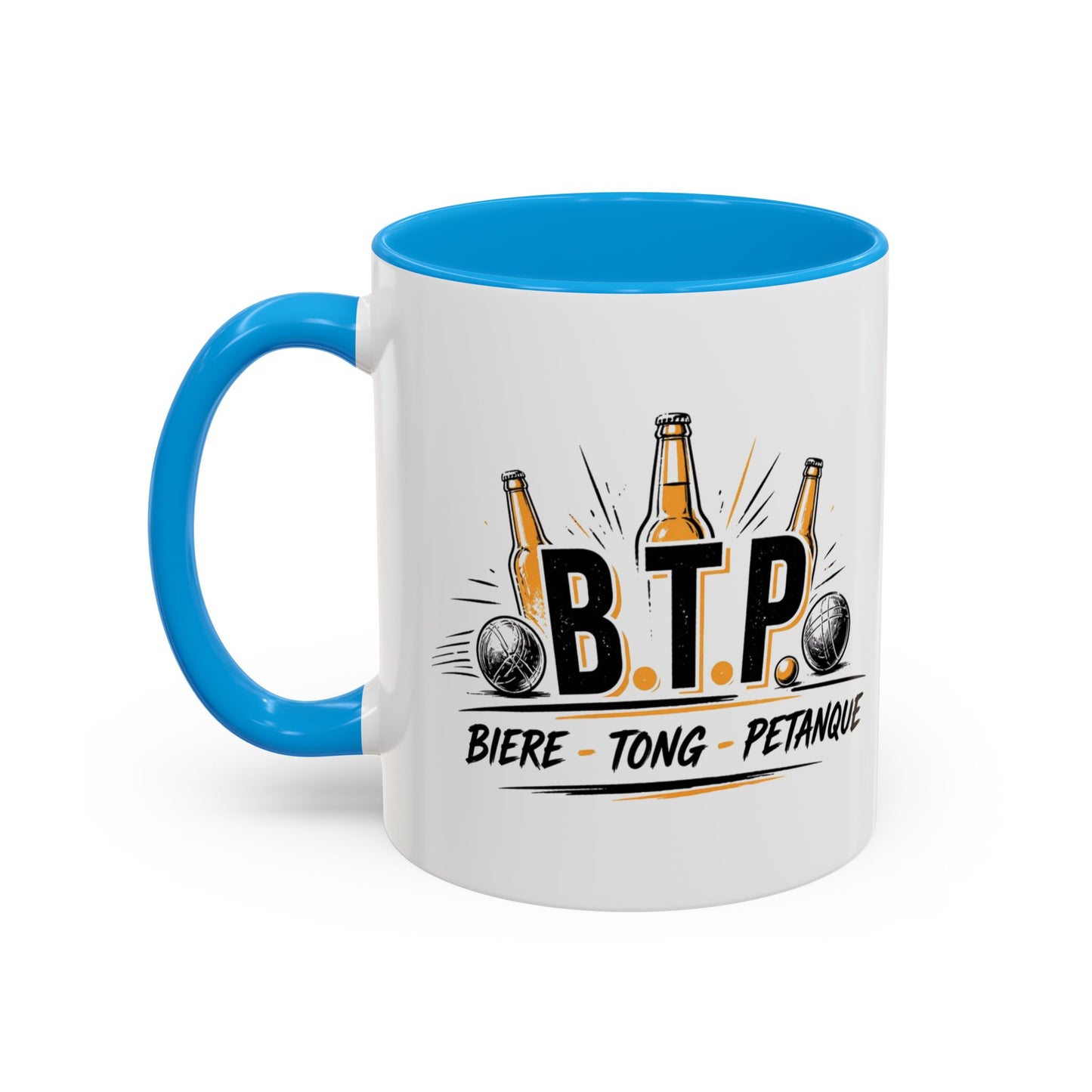 Mug B.T.P. Humoristique – Tasse Bière Tong Pétanque – Cadeau Original Apéro et Pétanque – Céramique 325ml Noir Bleu Rouge