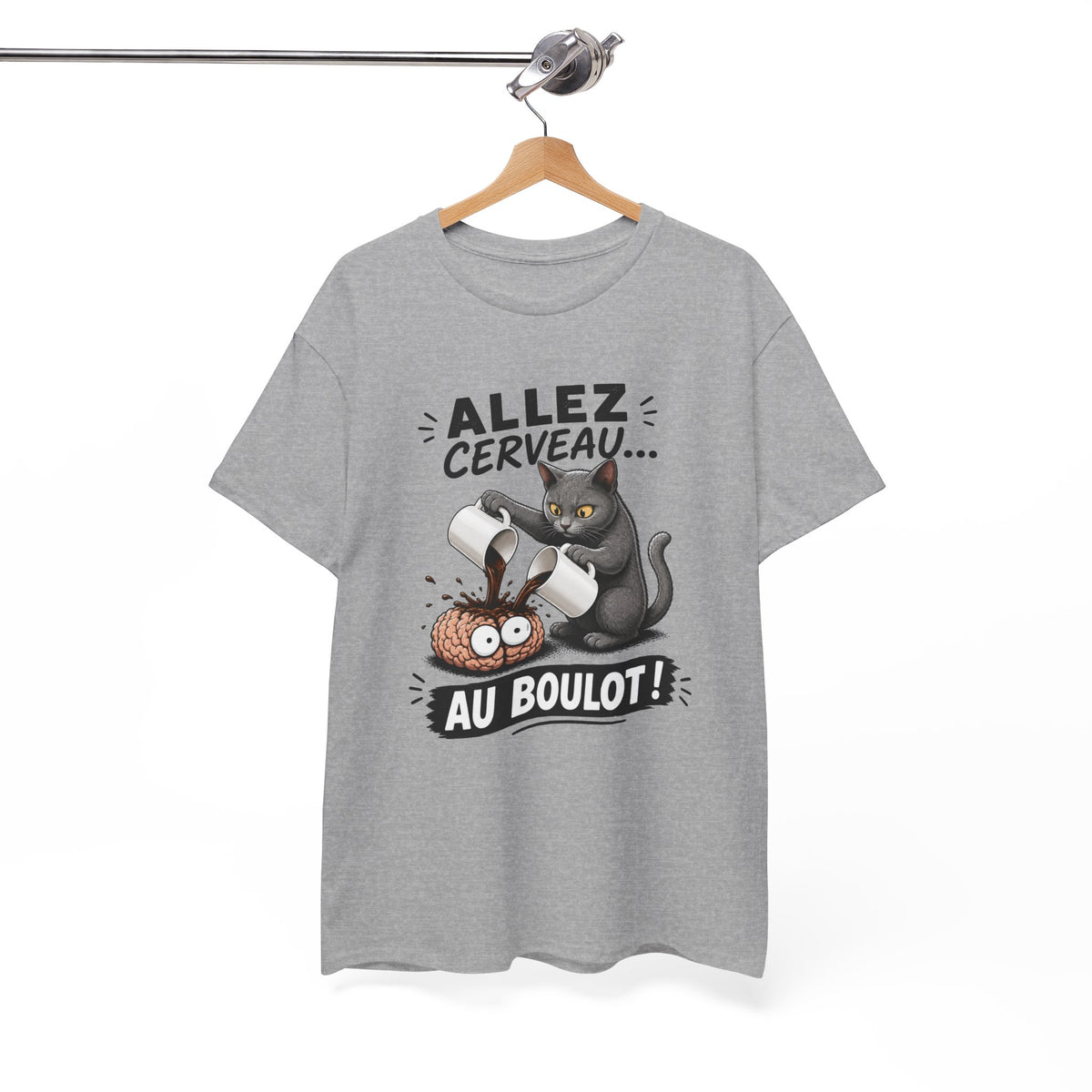 Tee Shirt Humour Homme et Femme – Allez Cerveau au Boulot – T-Shirt Chat Café Fatigue Travail Cadeau Drôle Original
