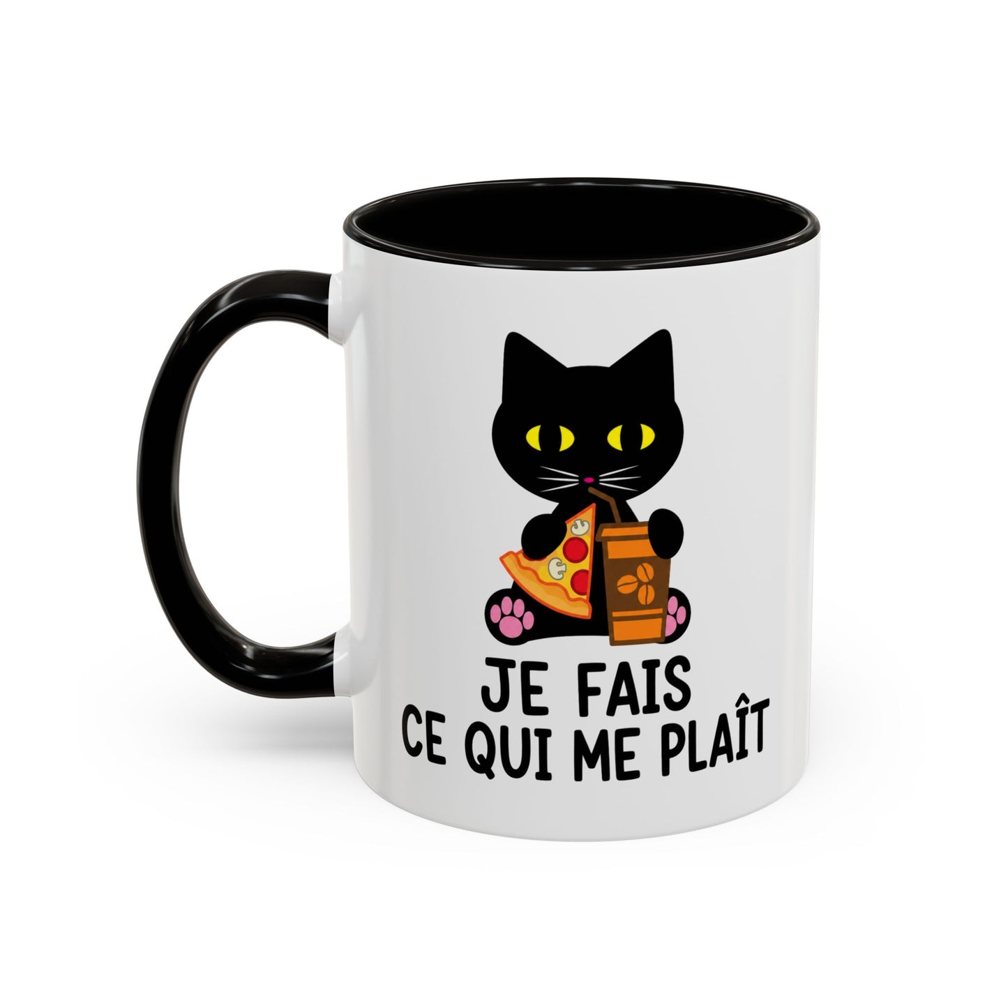 Tasse Chat Homme et Femme – Je Fais Ce Qui Me Plaît – Mug Humour Chat avec Pizza et Café – Cadeau Original Amoureux des Chats – 325 ml