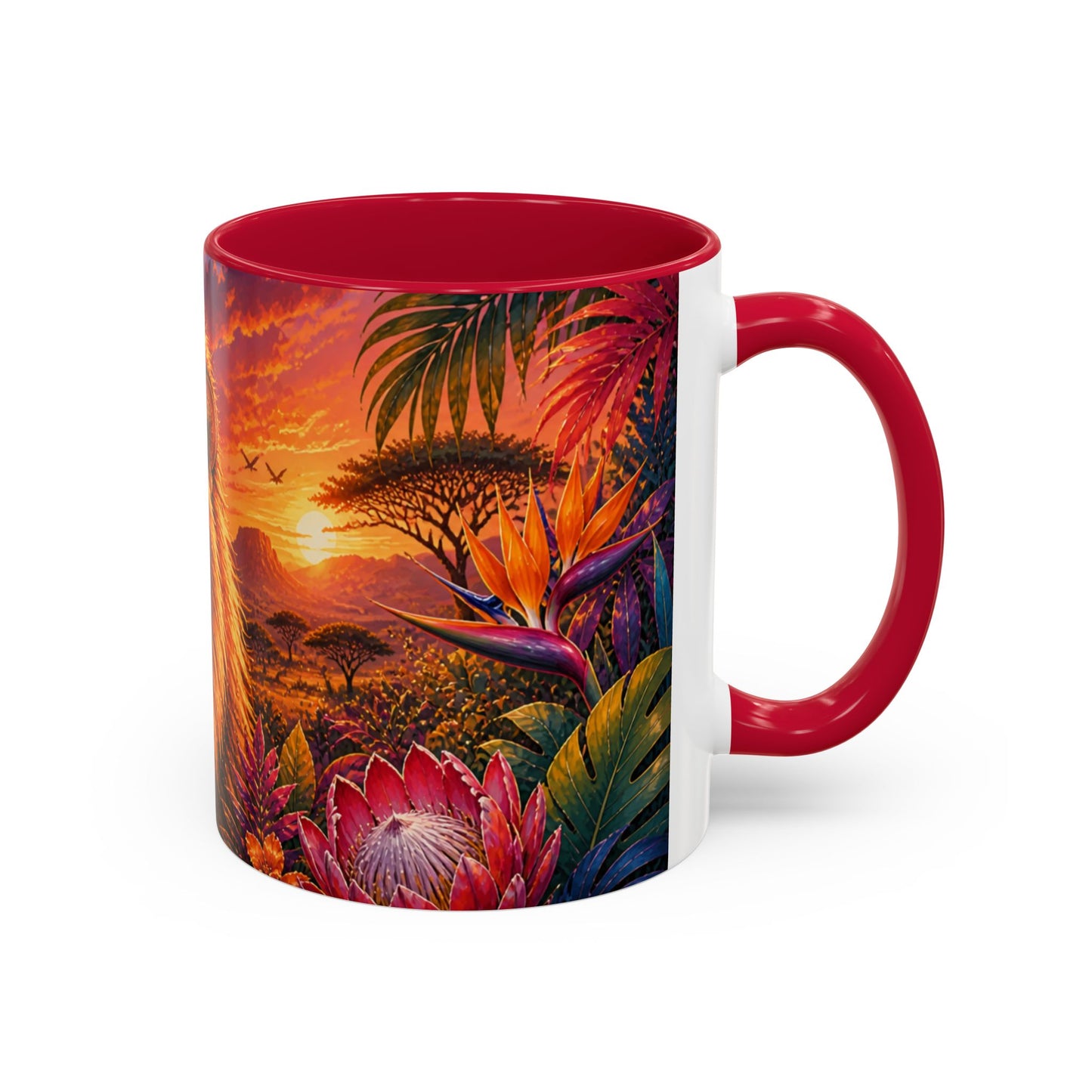 Tasse Lion Tropical – Mug Safari avec Lion Majestueux, Fleurs Exotiques et Couché de Soleil Africain – Design Jungle 325ml