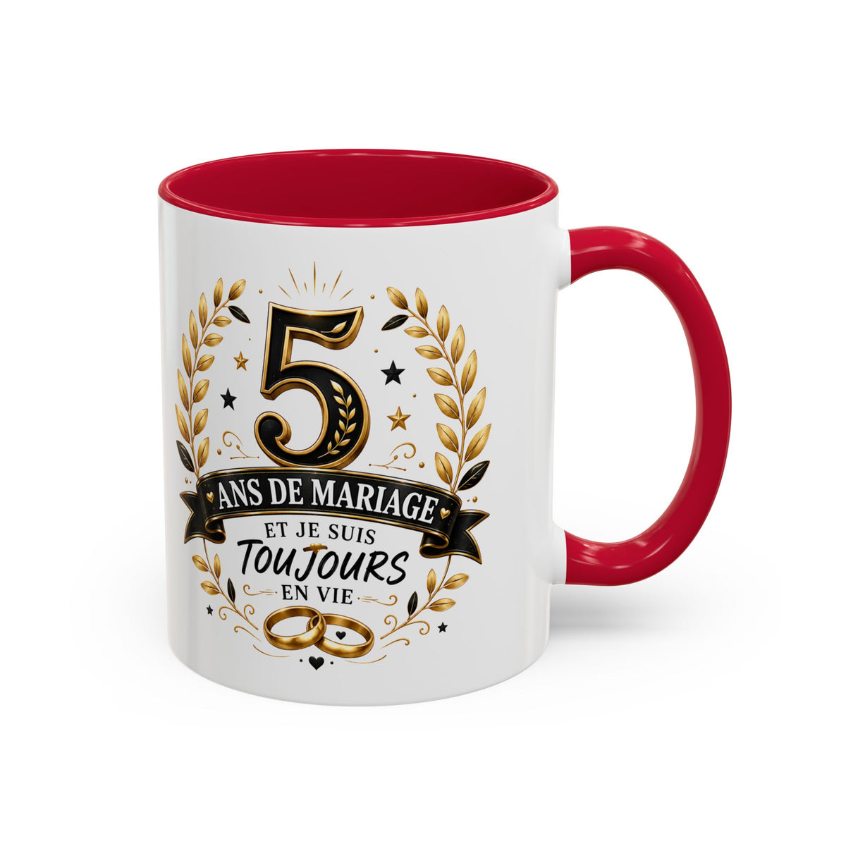 Mug 5 Ans de Mariage et Je Suis Toujours en Vie – Tasse Humoristique Anniversaire de Mariage – Idée Cadeau Couple Noces de Bois noir bleu rouge