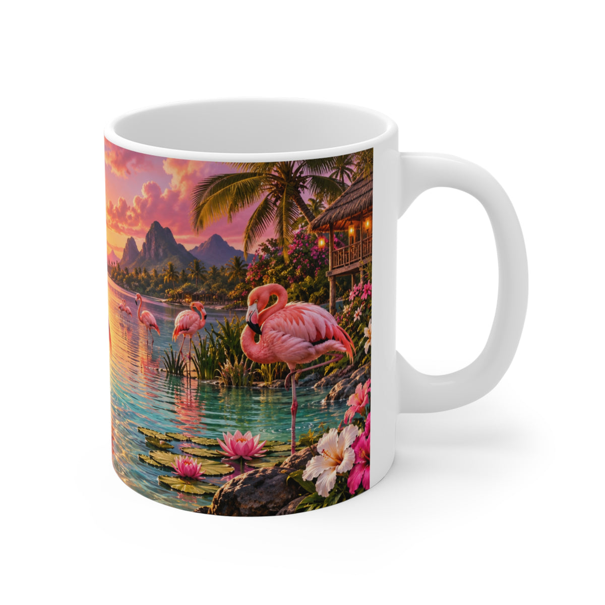 Mug Flamants Roses Tropicaux au Coucher de Soleil – Tasse Paysage Exotique avec Fleurs, Cascade et Lagon – Cadeau Original Amoureux des Animaux
