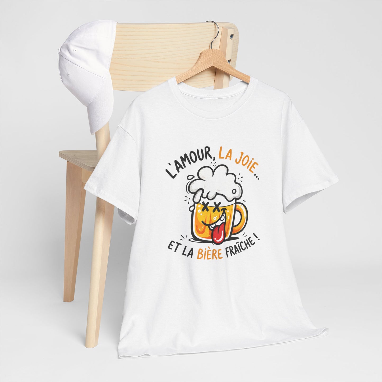 T-Shirt Humour Bière – L’Amour La Joie et la Bière Fraîche – Cadeau Drôle Apéro Homme Femme