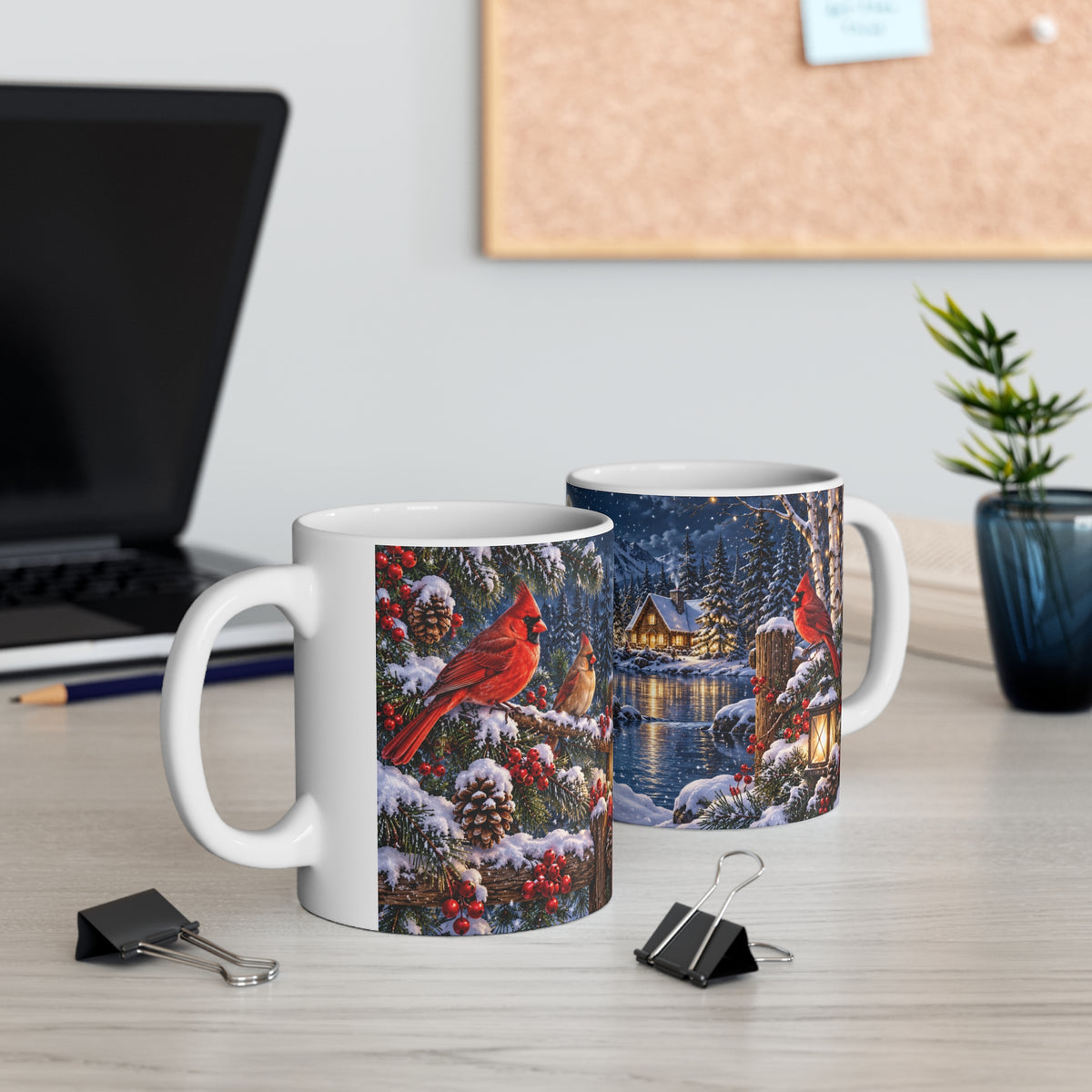 Mug Oiseaux Rouges dans un Paysage de Noël – Tasse Hiver avec Chalet, Neige, Lune et Lanternes – Cadeau Original Nature