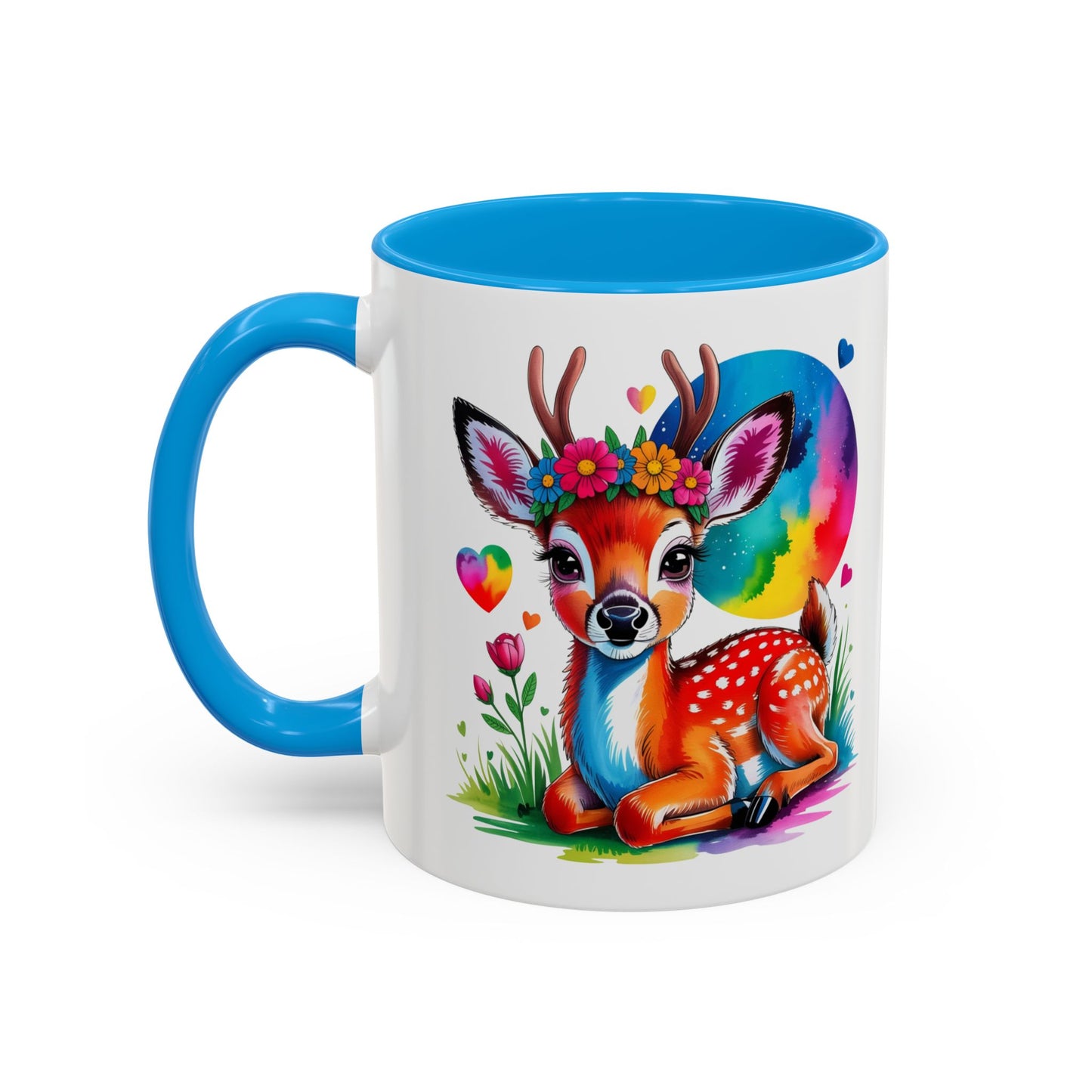 Mug Faon Mignon Coloré – Tasse Cerf Fleurs Arc-en-Ciel Kawaii – Cadeau Original Enfant Adulte – Céramique 325ml Noir Bleu Rouge