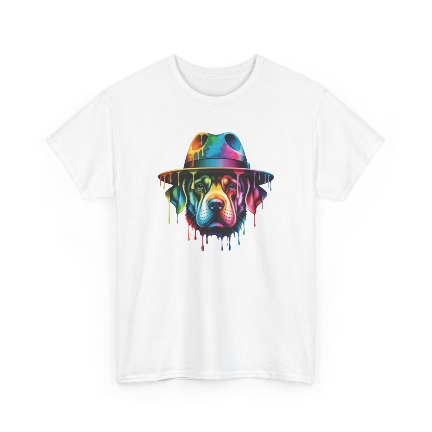 T-Shirt Chien Coloré avec Chapeau – Tee Shirt Art Urbain Peinture Dripping – Cadeau Original Style Streetwear Noir Blanc Gris