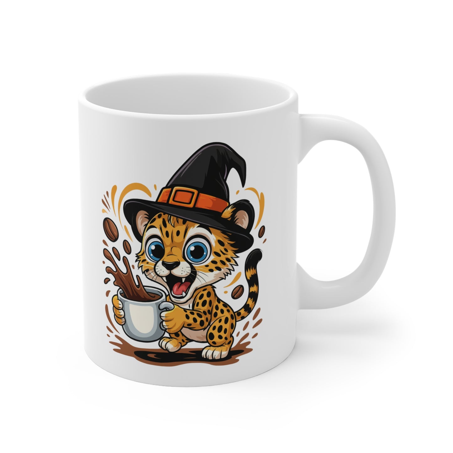 Mug Léopard Sorcier Café – Tasse Céramique 325ml – Illustration Animalière Drôle Halloween