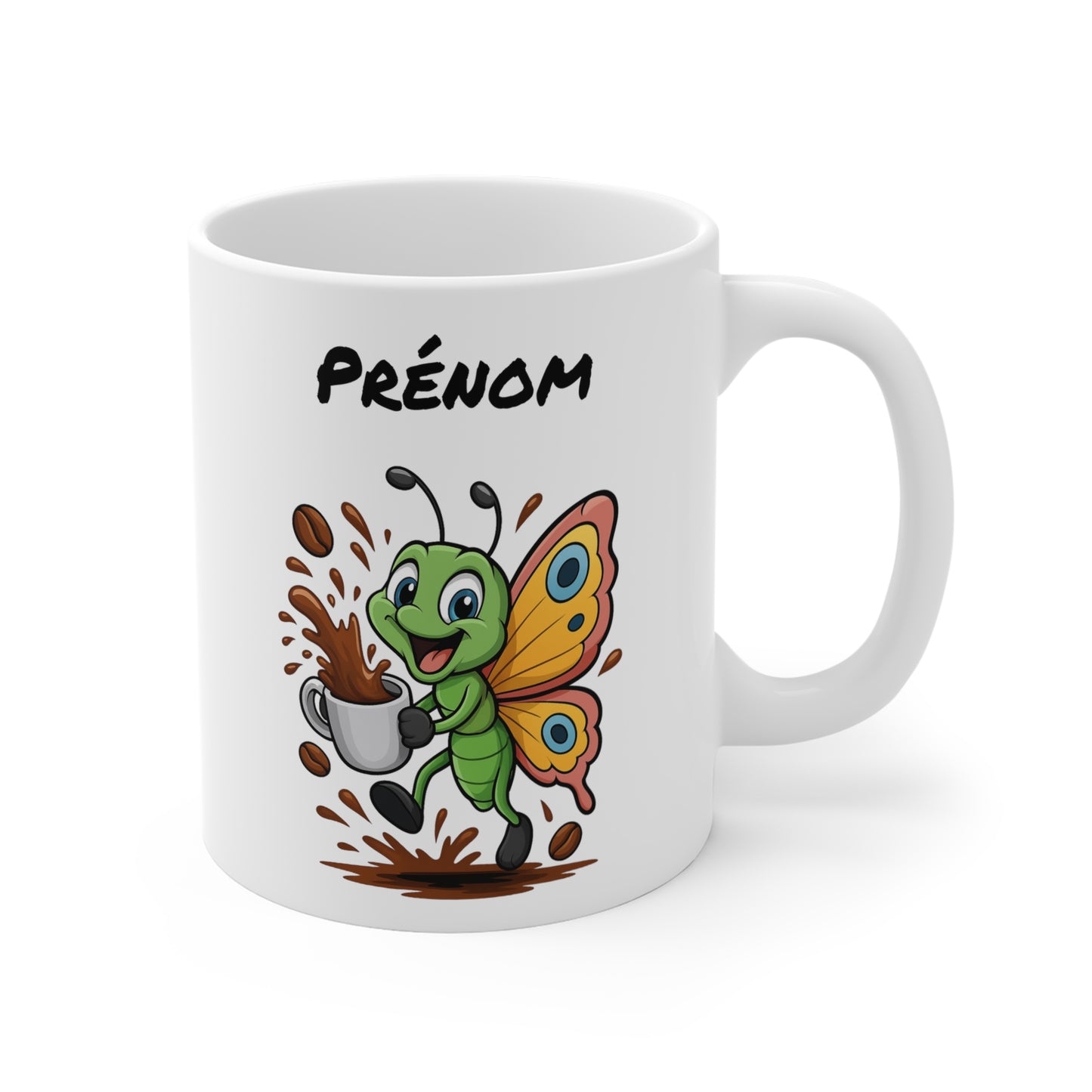 Tasse Personnalisable Papillon Café – Mug Prénom Cartoon Coloré – Cadeau Nature et Bonne Humeur 325ml