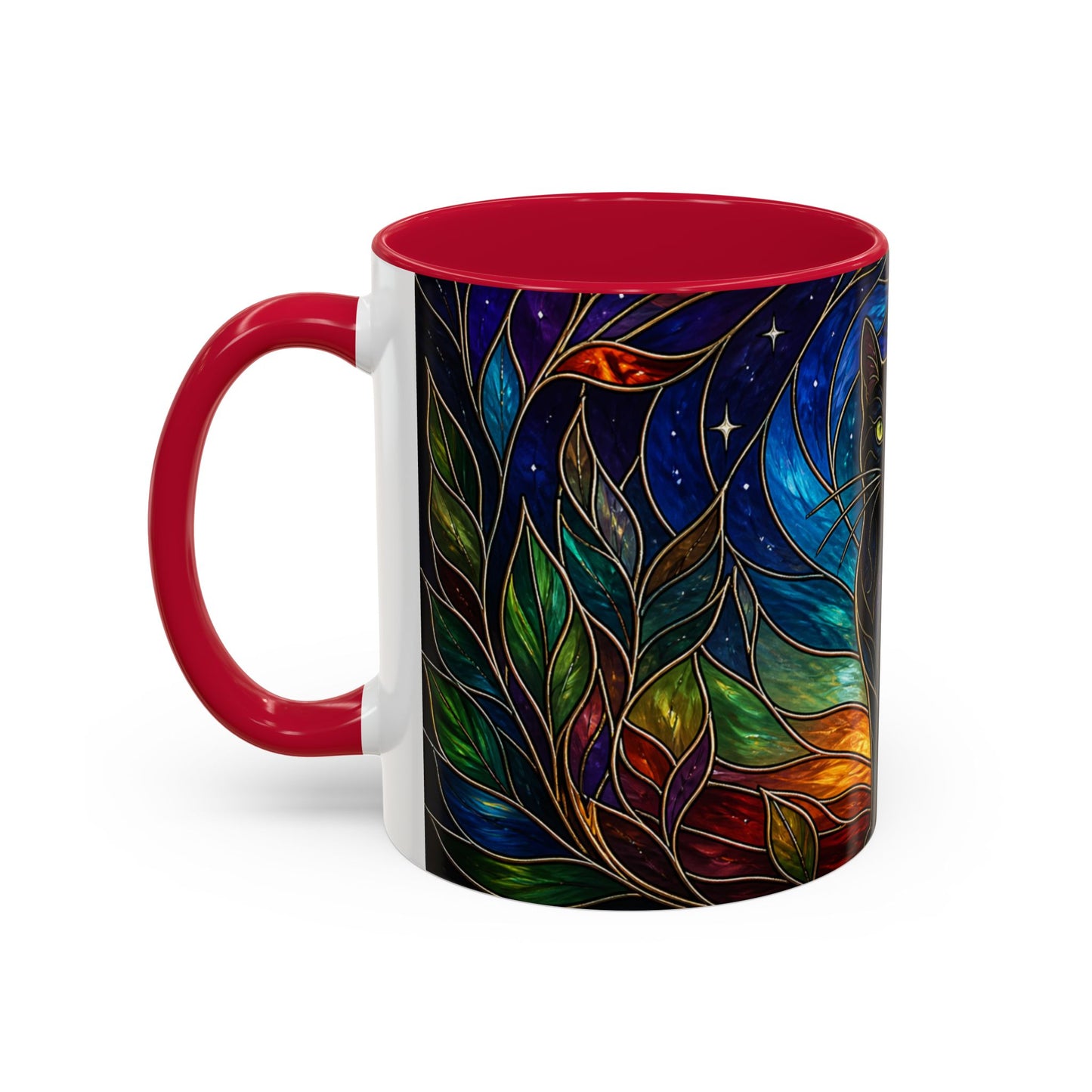 Tasse Chat Noir Style Vitrail – Mug Artistique Multicolore avec Lune et Chat Mystique – Céramique 325ml