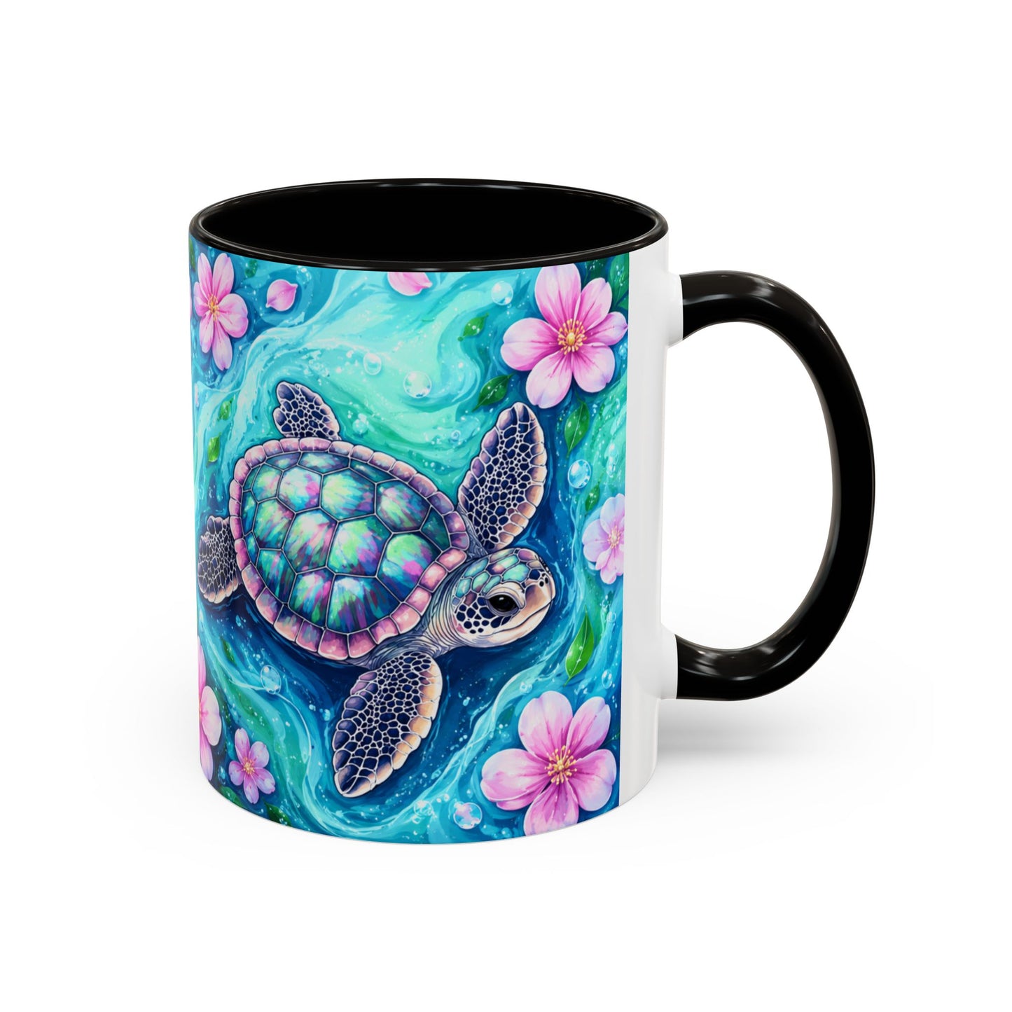 Tasse Tortue Marine Tropicale – Mug Océan et Fleurs Pastel – Cadeau Nature Mer 325ml