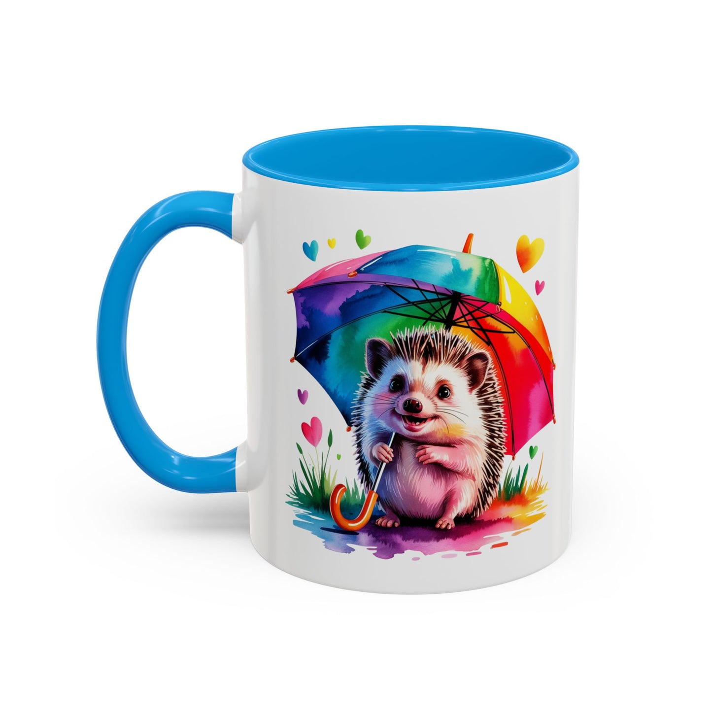 Mug Hérisson Kawaii avec Parapluie Arc-en-Ciel – Tasse Colorée et Mignonne – Cadeau Original Amoureux des Animaux – Céramique 325ml