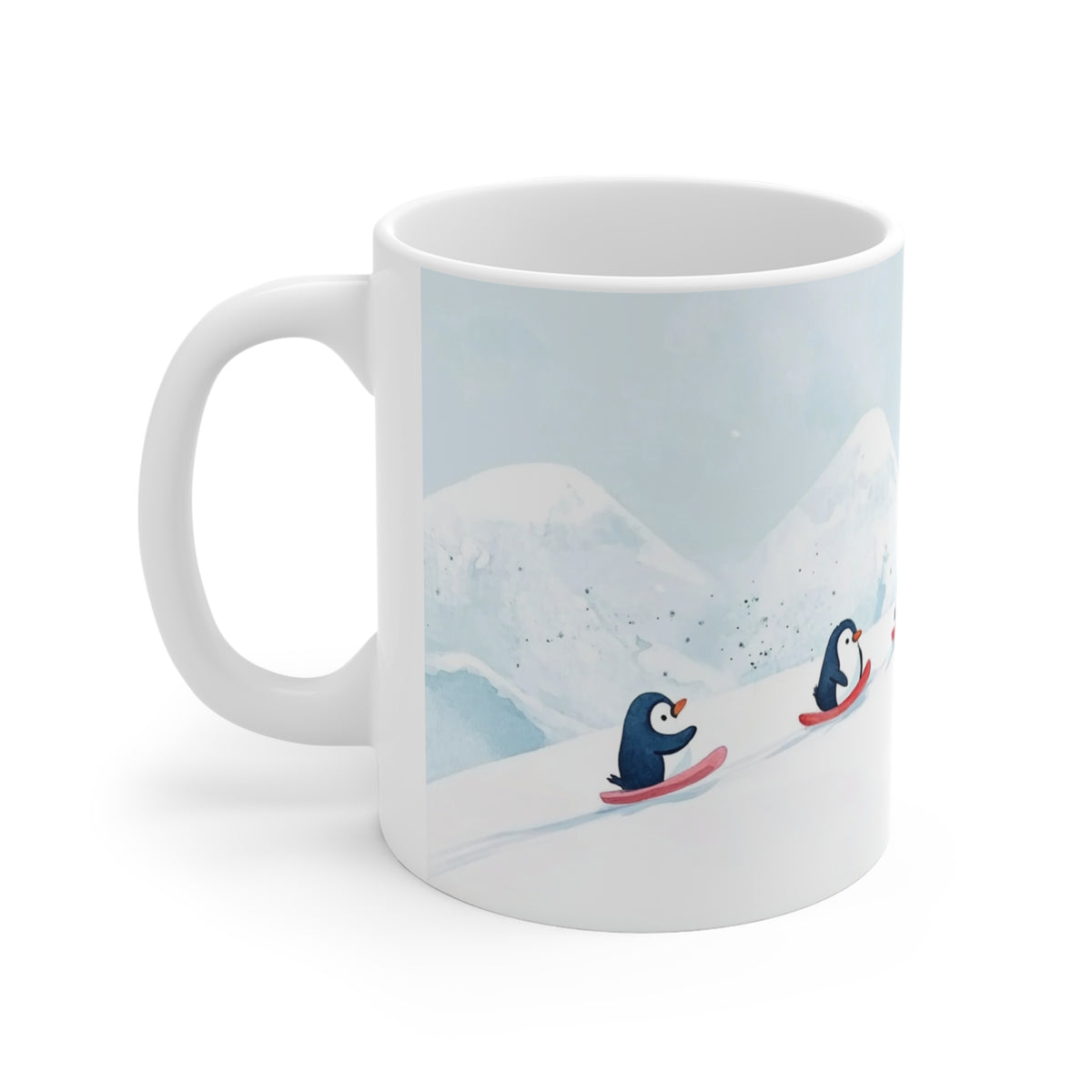 Mug Pingouins au Ski dans la Neige – Tasse Hiver Montagne Style Aquarelle – Cadeau Original Noël Homme Femme