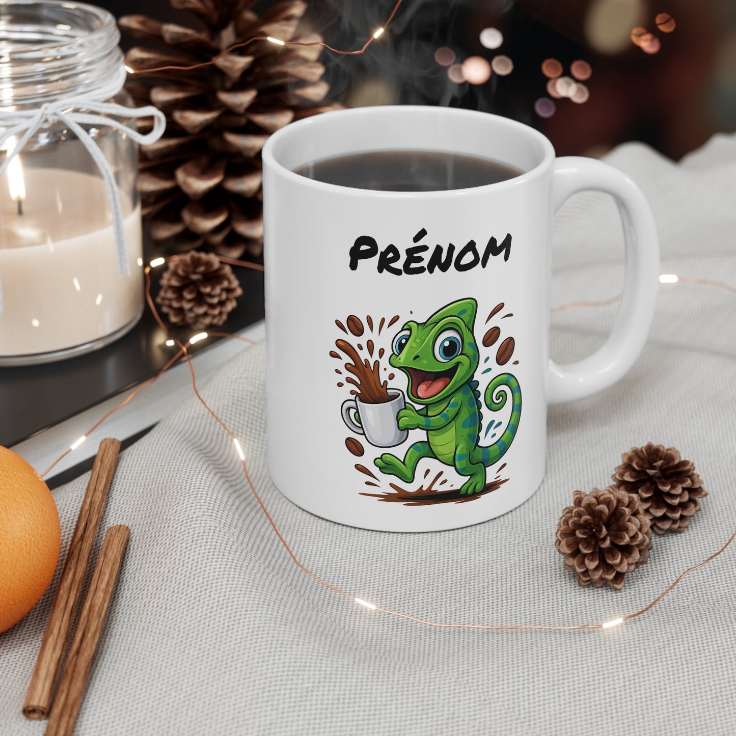 Tasse Personnalisable Caméléon Café – Mug Prénom Cartoon – Cadeau Original Amateur de Café 325ml