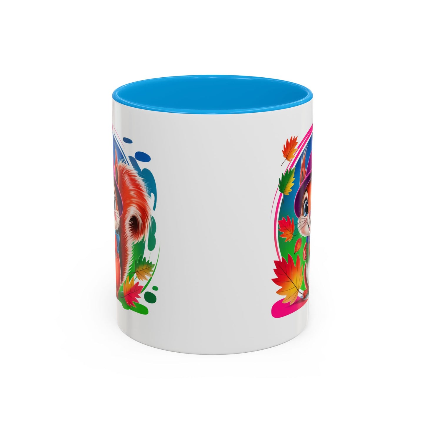 Mug Écureuil Mignon – Tasse Animal Automne Feuilles Colorées Kawaii – Cadeau Original Enfant Adulte – Céramique 325ml Noir Bleu Rouge