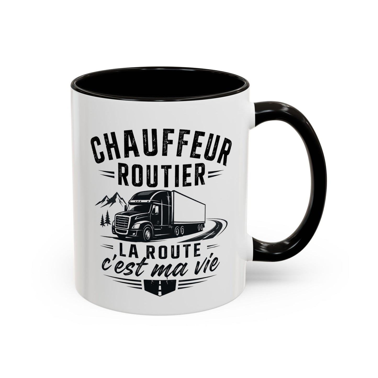 Mug Chauffeur Routier – La Route C'est Ma Vie, Tasse Humour Camion Homme et Femme, Cadeau Original pour Conducteur Routier, Poids Lourd, Anniversaire Noël Noir Bleu Rouge