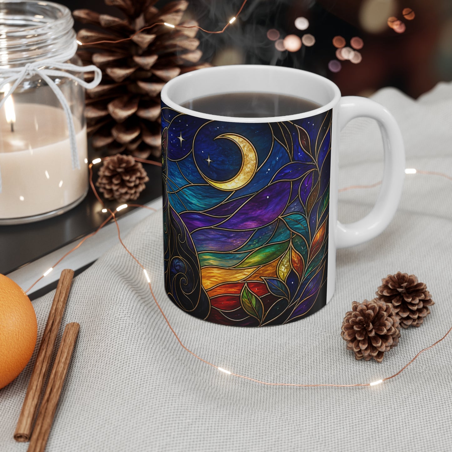 Tasse Chat Noir Mystique Vitrail – Mug Chat Lune Étoiles Art Fantastique Coloré Cadeau Homme Femme Enfant 325ml