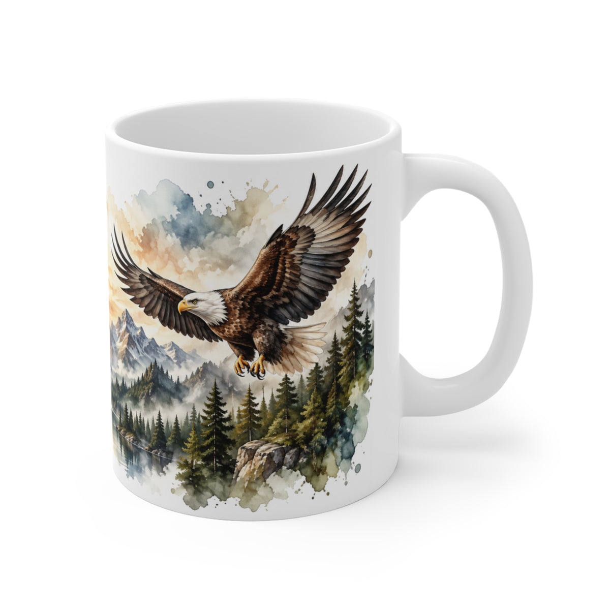 Mug Aigles en Vol au-dessus des Montagnes – Tasse Nature Sauvage Style Aquarelle – Cadeau Original Amoureux des Rapaces et Paysages