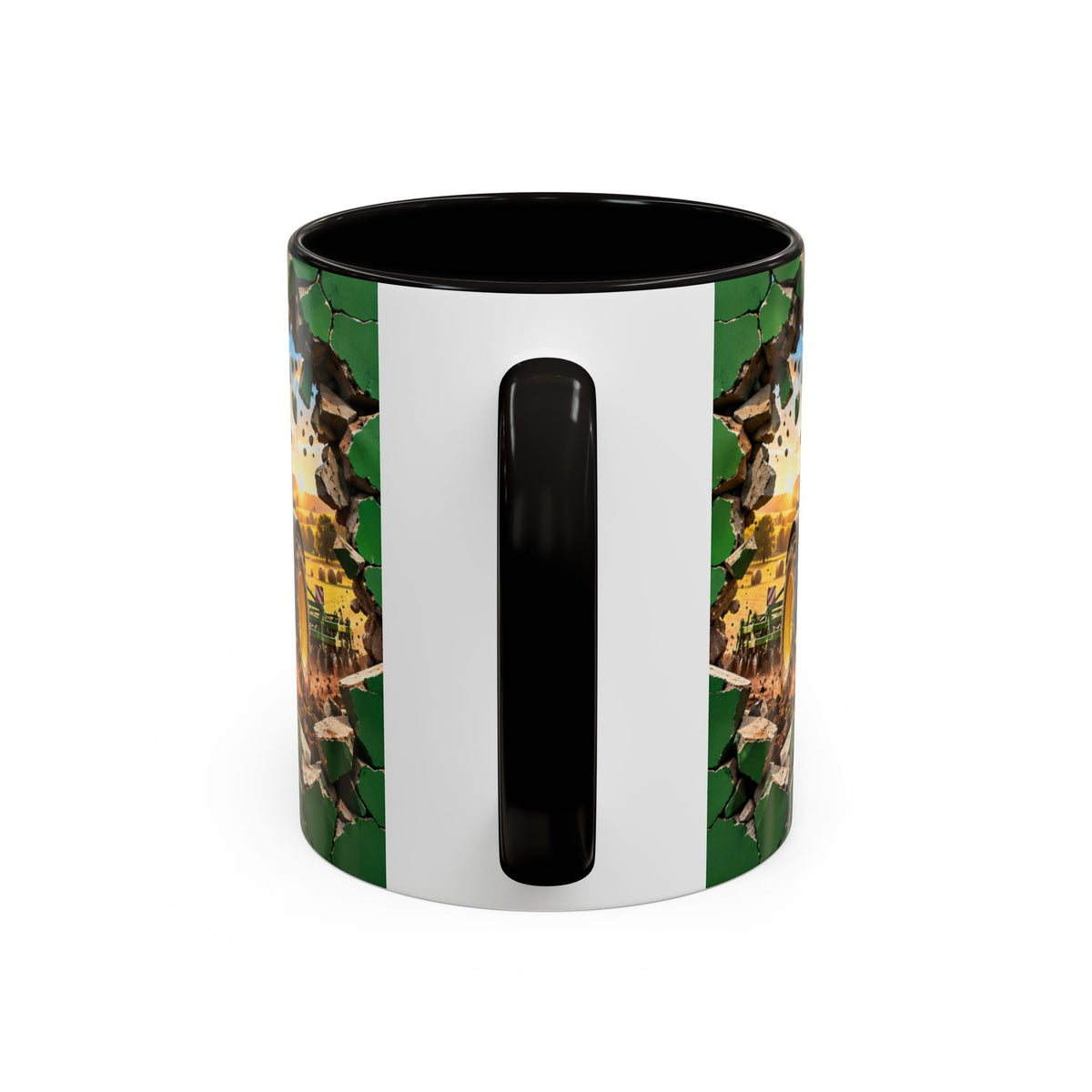 Mug Tracteur Agricole Vert – Tasse Agriculture avec Champ et Effet Mur Brisé – Cadeau Original Agriculteur Passionné de Tracteurs
