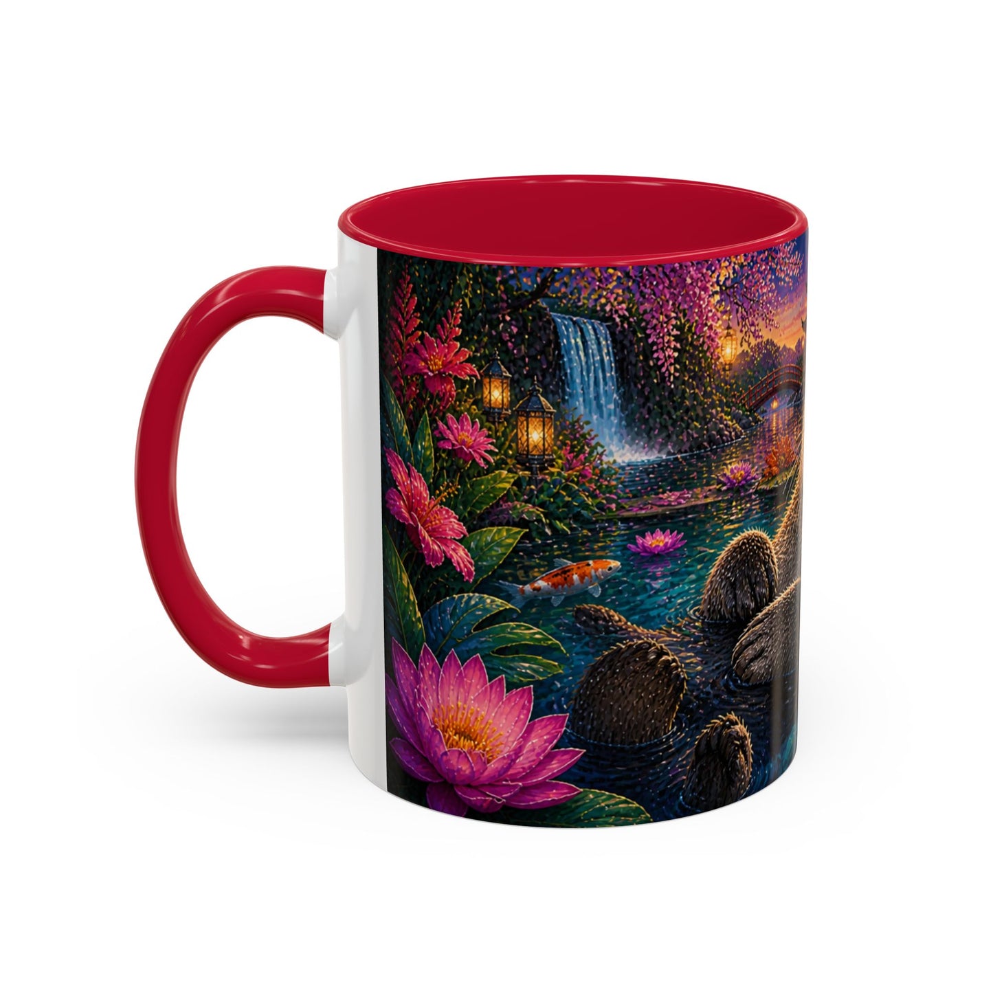 Tasse Loutre et Carpes Koi – Mug Jardin Japonais et Fleurs Tropicales – Design Artistique Relaxant – Céramique 325ml