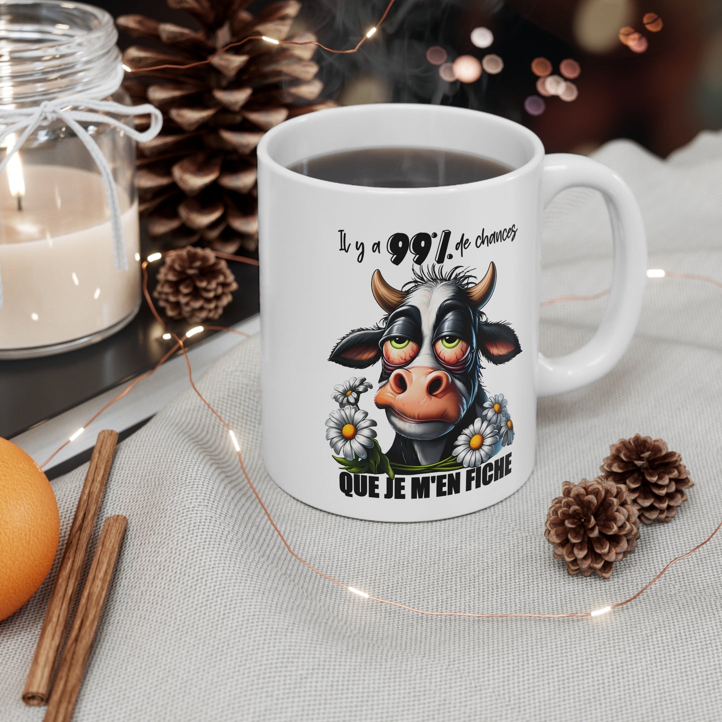 Tasse Il y a 99% de Chances Que Je M’en Fiche – Mug Vache Humour Sarcastique – Cadeau Homme Femme 325ml