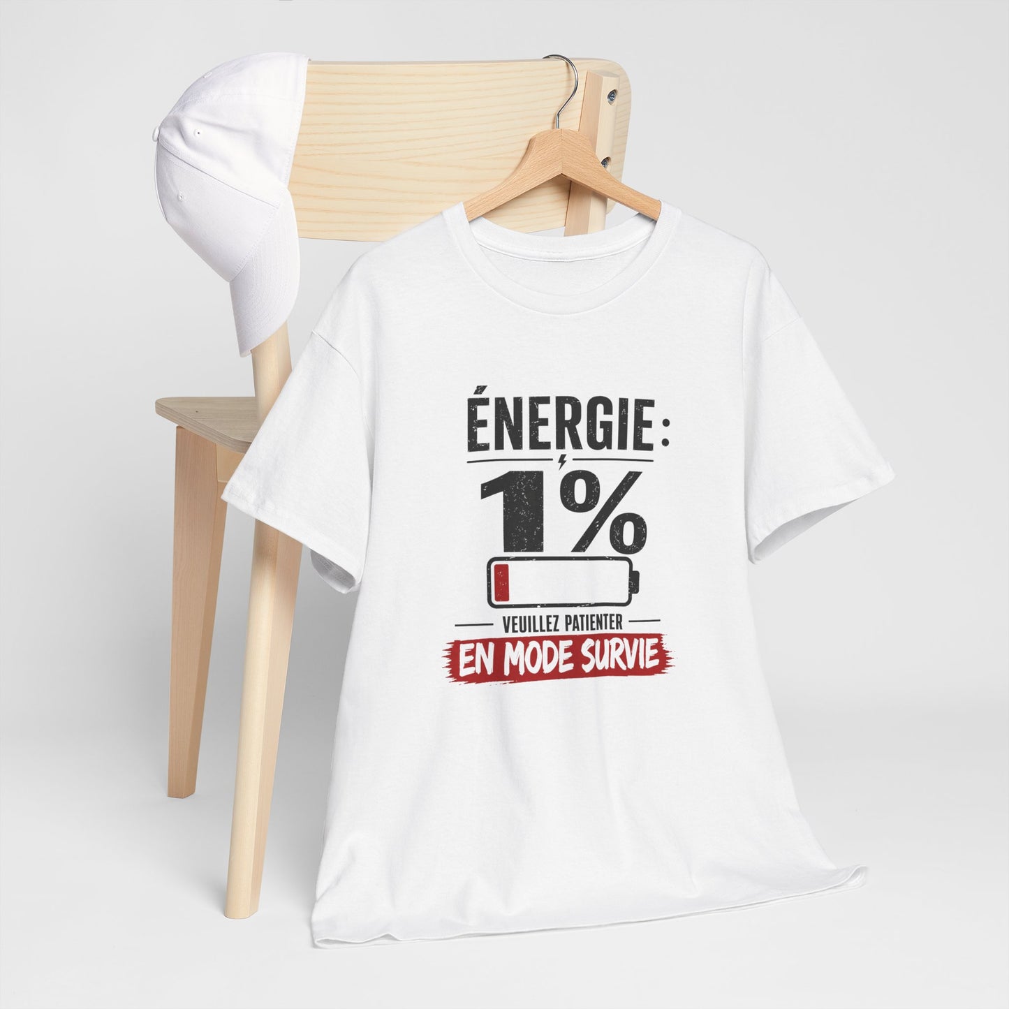 T-Shirt Humour Fatigue – Énergie 1% Mode Survie – Tee Shirt Drôle Adulte Manque de Sommeil Travail Idée Cadeau
