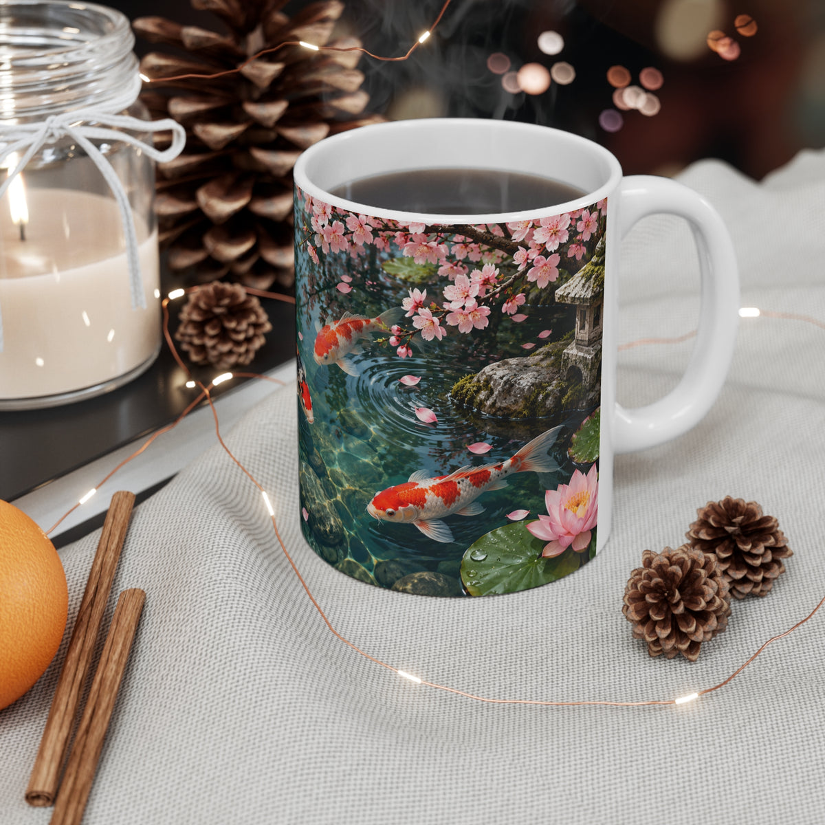 Mug Carpes Koï dans un Jardin Japonais – Tasse Bassin Zen avec Fleurs de Cerisier et Lotus – Cadeau Original Amoureux du Japon