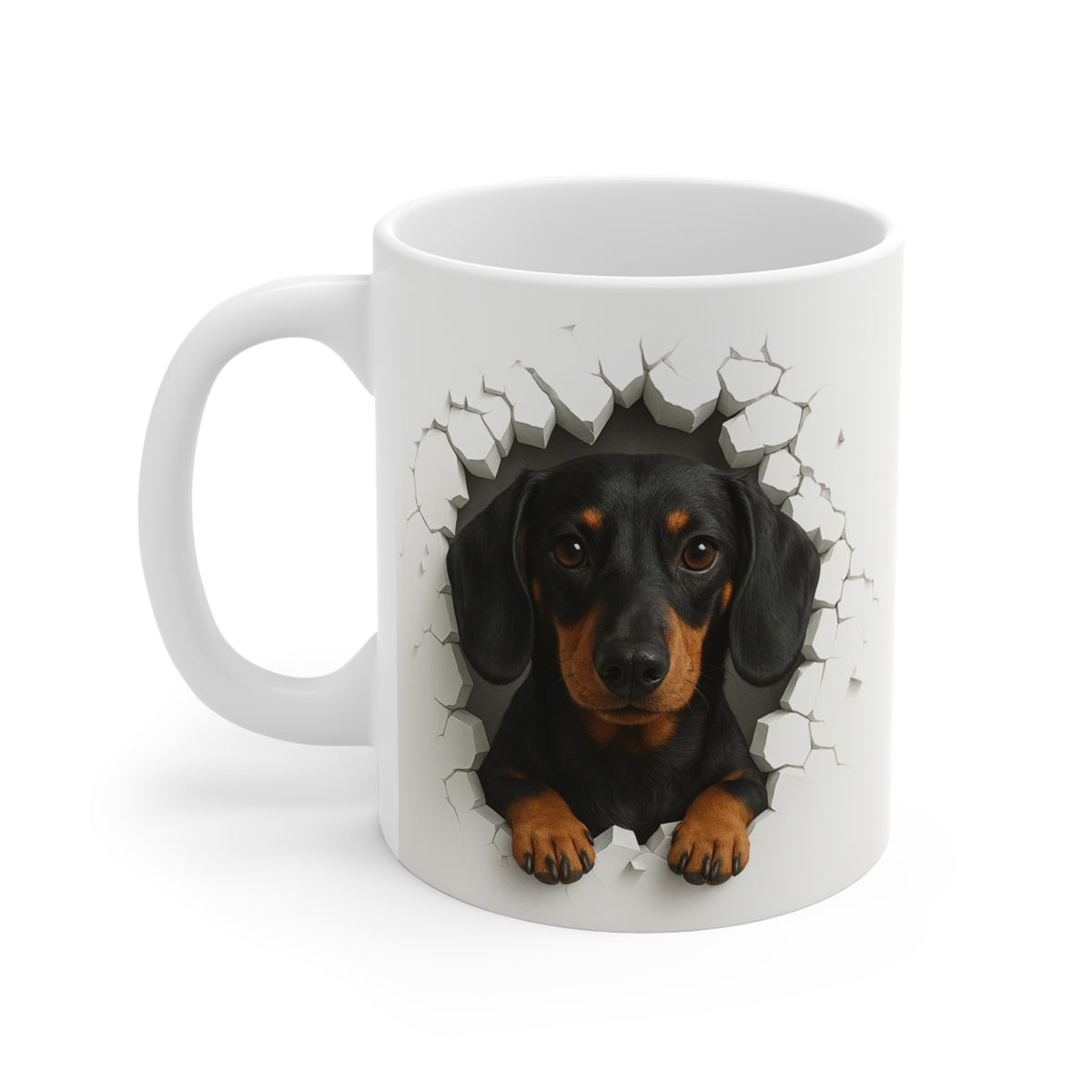 Mug Teckel Noir et Feu Effet Mur Cassé – Tasse Chien 3D Trompe-l’œil – Cadeau Original Amoureux du Teckel