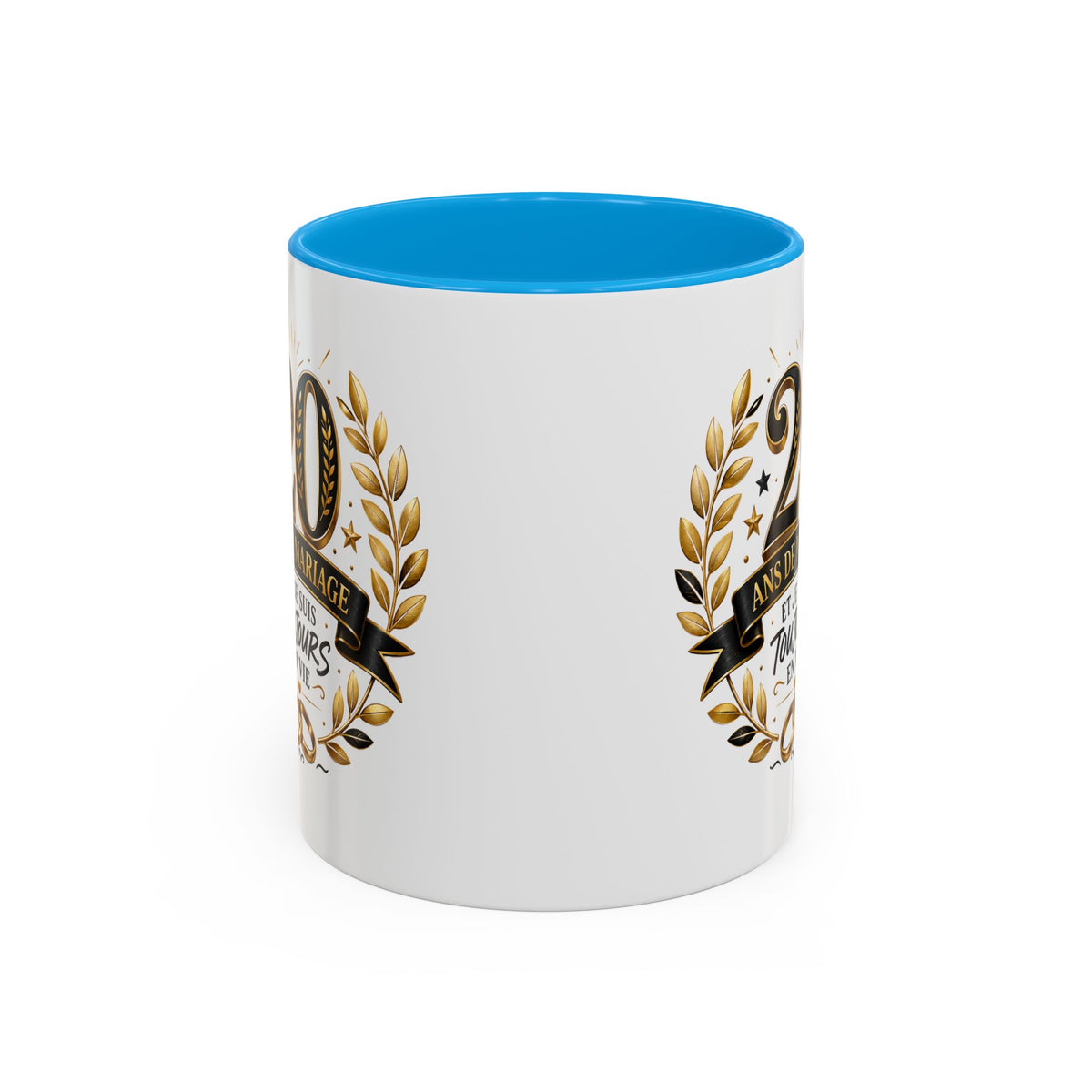 Mug 20 Ans de Mariage et Je Suis Toujours en Vie – Tasse Humoristique Anniversaire de Mariage – Idée Cadeau Couple Noces de Porcelaine noir bleu rouge