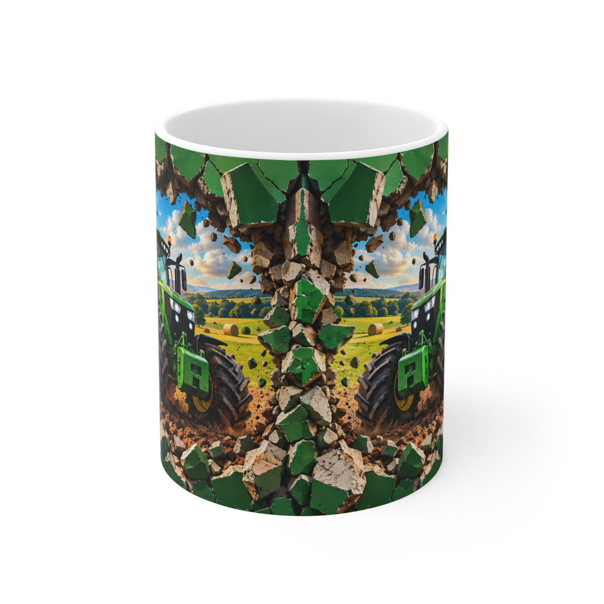 Mug Tracteur Agricole Vert – Tasse Agriculture avec Champ et Effet Mur Brisé – Cadeau Original Agriculteur Passionné de Tracteurs