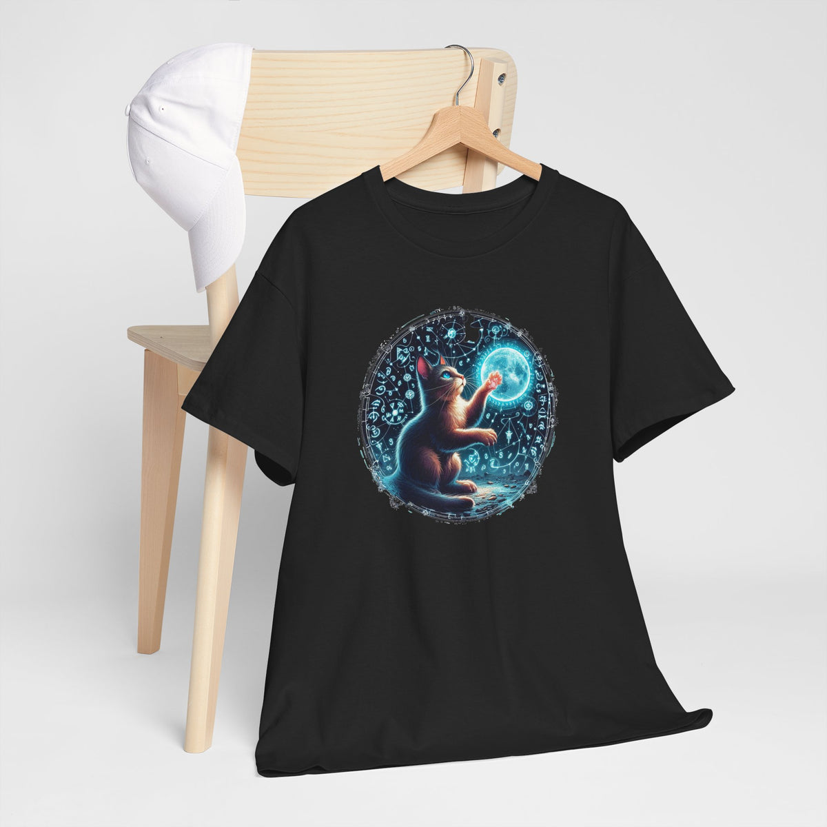 Tee Shirt Chat Mystique Homme Femme – T-Shirt Chat Lune Magique – Univers Astral Ésotérique – Design Fantastique Bleu
