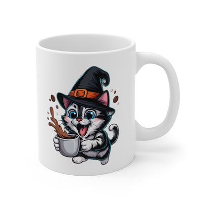 Mug Chat Sorcier Halloween 325ml – Tasse Céramique Chat Noir avec Chapeau et Café – Cadeau Original Fête d’Halloween