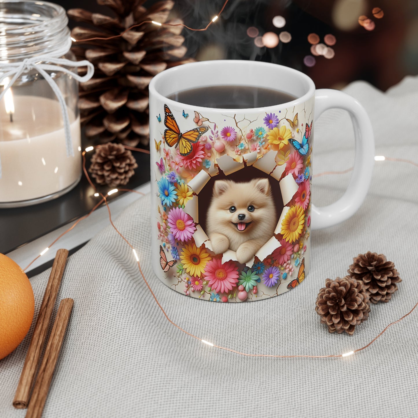 Tasse Céramique Spitz Nain Pomeranian et Fleurs – Mug Chien Mignon Papillons – Cadeau Animaux Bohème 325ml