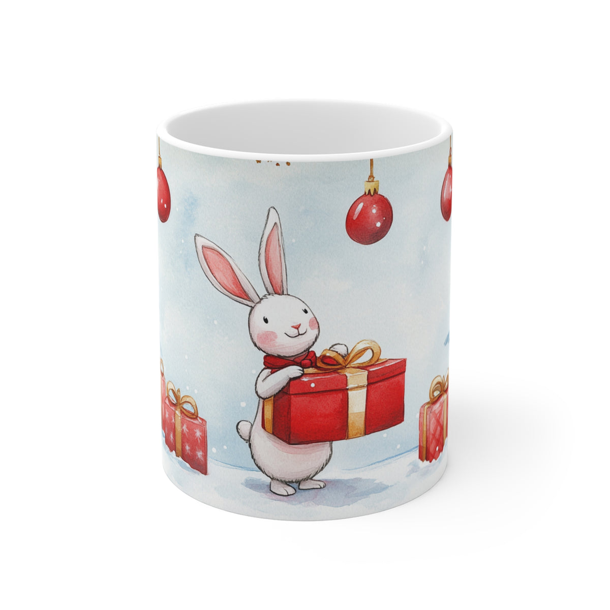 Mug Lapin de Noël avec Cadeaux – Tasse Hiver Sapins Enneigés Style Aquarelle – Cadeau de Noël Homme Femme