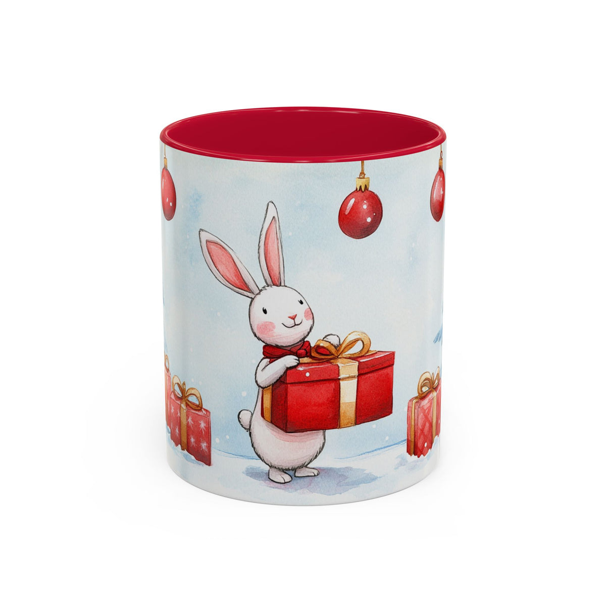 Mug Lapin de Noël avec Cadeaux – Tasse Hiver Sapins Enneigés Style Aquarelle – Cadeau de Noël Homme Femme noir bleu rouge
