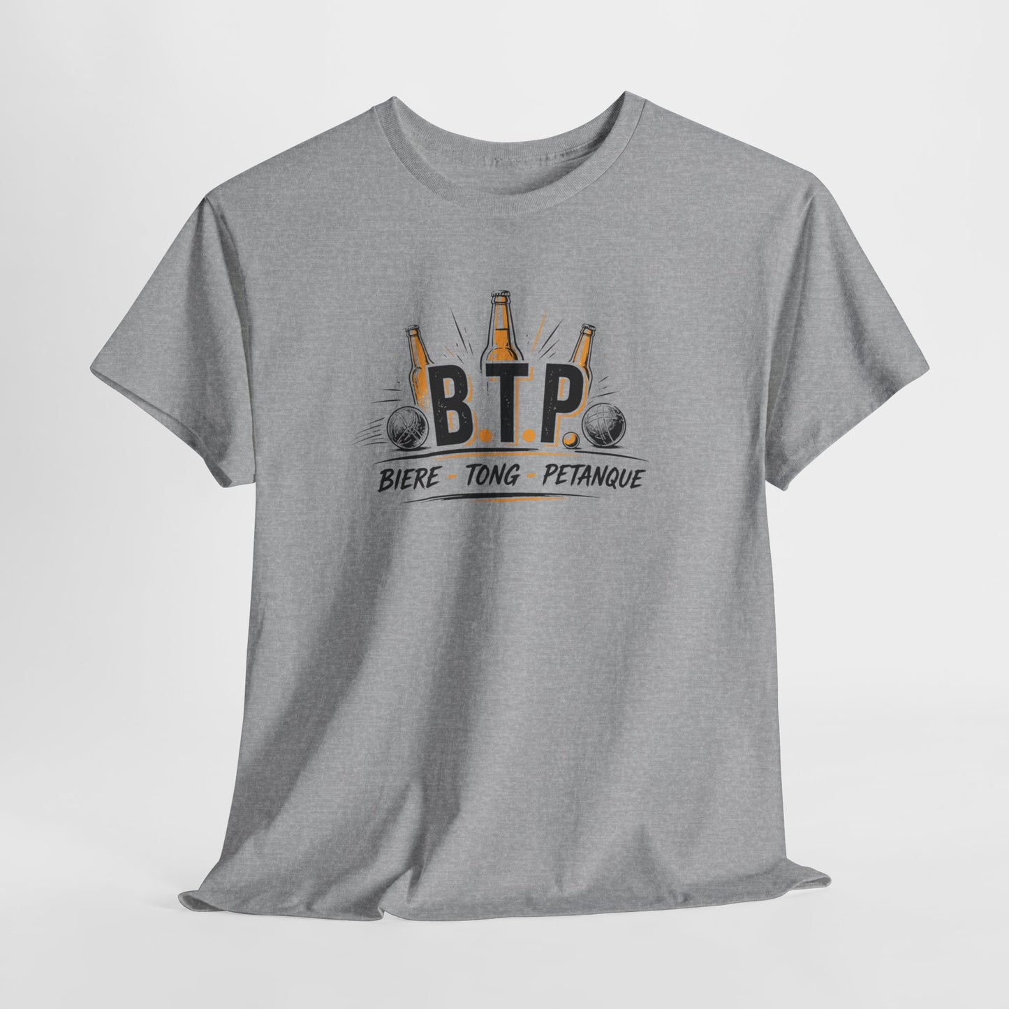 T-Shirt BTP Bière Tong Pétanque Homme Femme – Tee Shirt Humour Apéro Pétanque – Cadeau Été Vacances Noir Blanc Gris