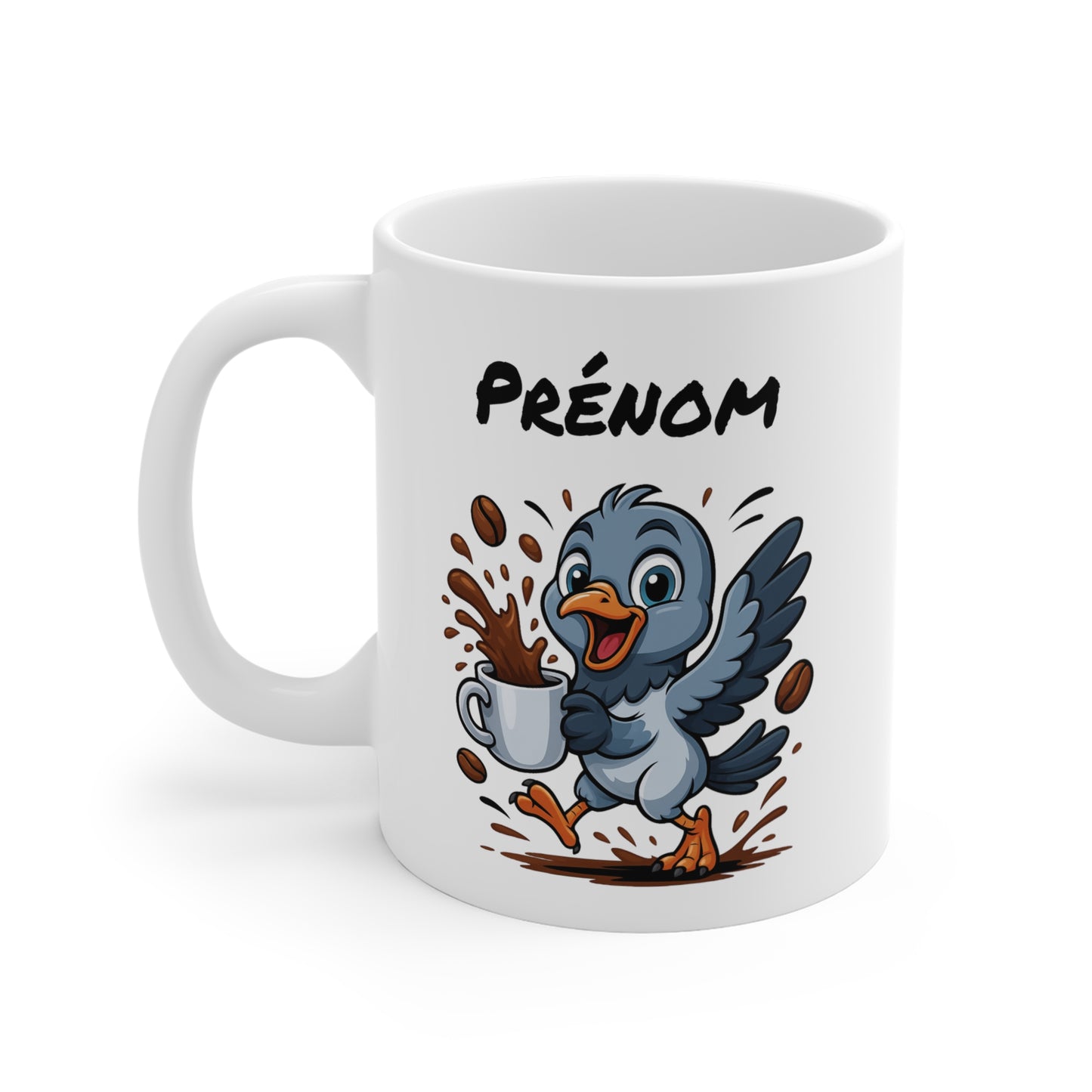 Tasse Personnalisable Pigeon Café – Mug Prénom Oiseau Cartoon Céramique 325ml – Cadeau Original et Humoristique
