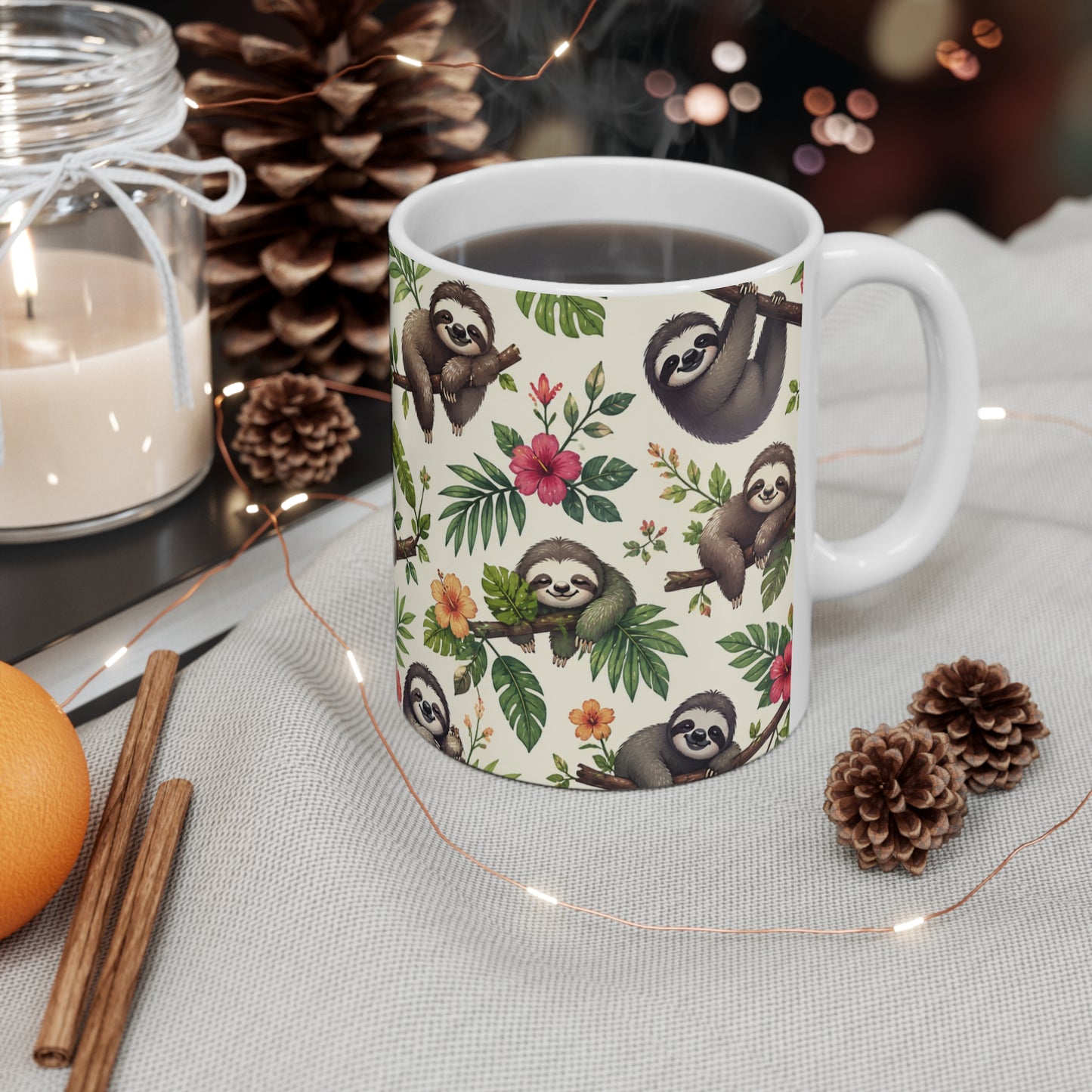 Tasse Paresseux Tropical Mignon – Mug Jungle Kawaii Fleur Hibiscus Feuilles Exotiques – Cadeau Homme Femme Enfant 325ml