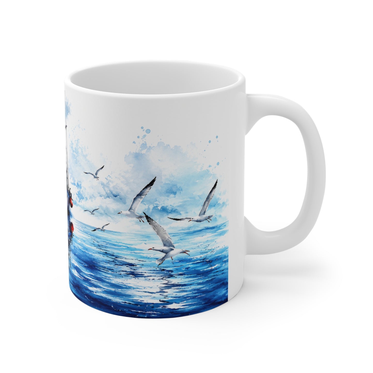 Tasse Bateau de Pêche Aquarelle – Mug Marin avec Mouettes et Océan – Cadeau Pêcheur Homme Femme 325ml
