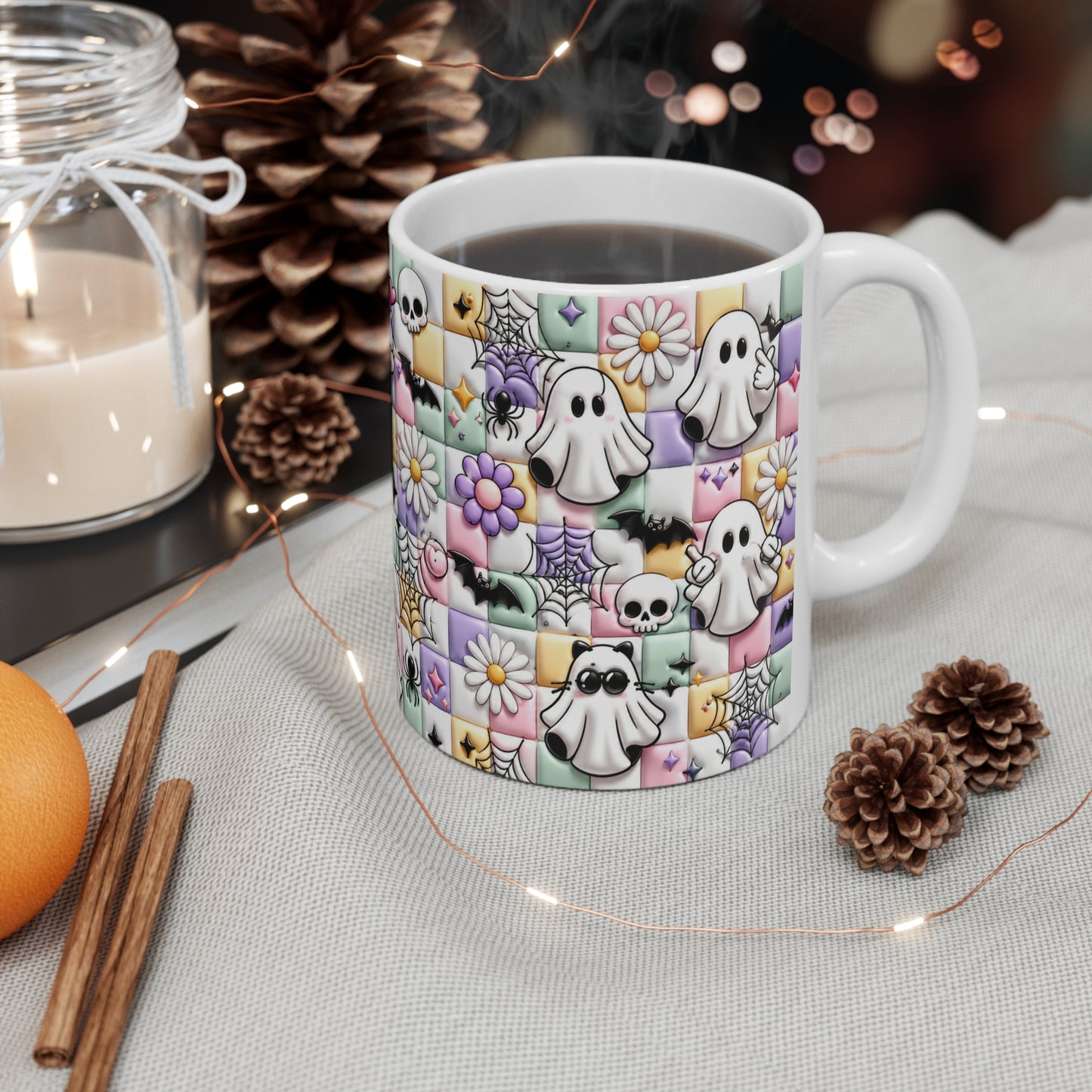 Tasse Fantômes Kawaii – Mug Halloween Pastel avec Ghosts, Chauves-Souris et Toiles – Cadeau Femme Fille 325ml