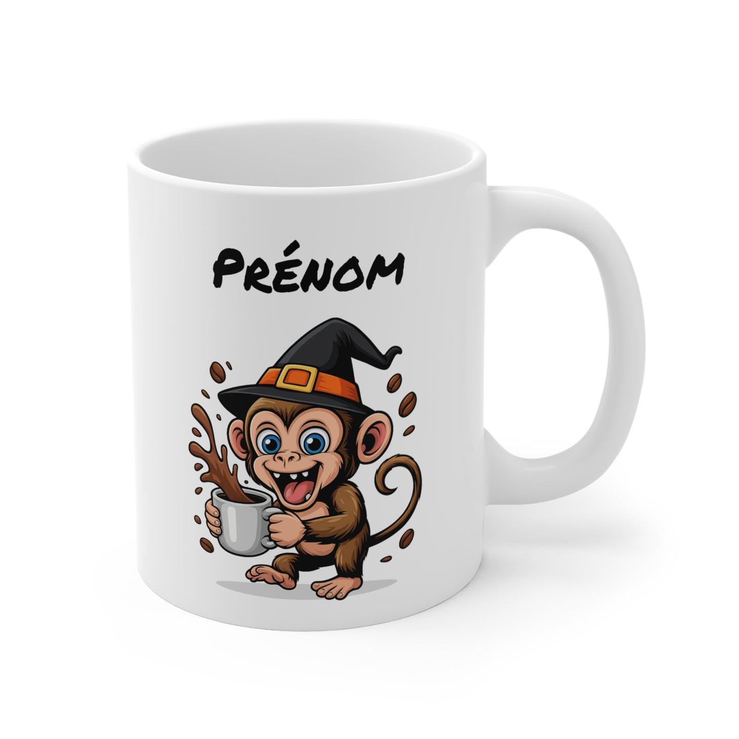 Mug Personnalisé Singe Sorcier Café – Tasse Halloween Animaux – Prénom au Choix – Cadeau Original