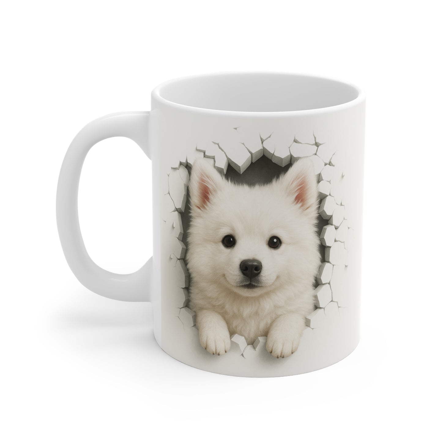 Mug Spitz Blanc Effet Mur Cassé – Tasse Chien 3D Trompe-l’œil – Cadeau Original Amoureux du Spitz