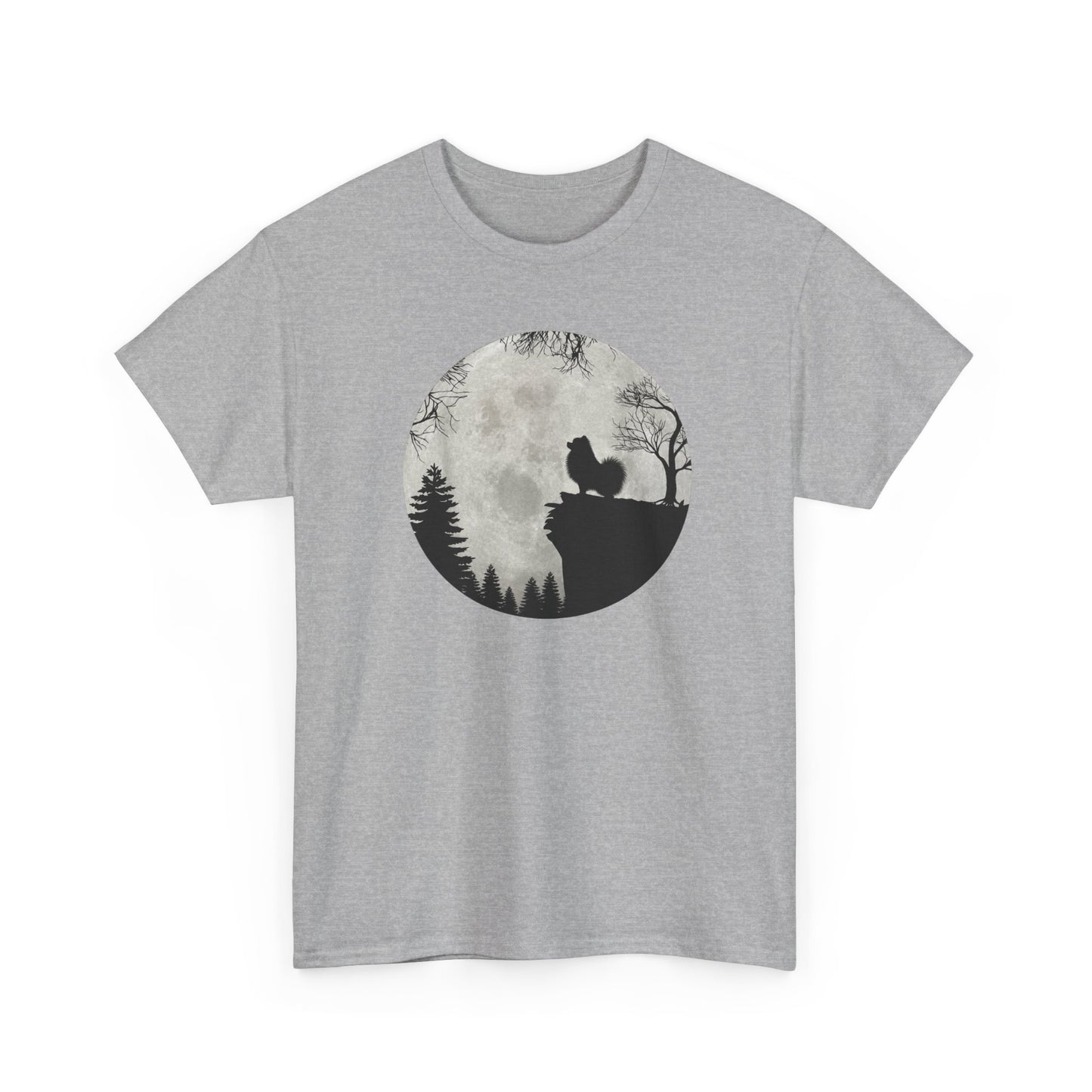 Tee-Shirt Spitz Nain Homme et Femme – Chien Silhouette Pleine Lune Forêt – Cadeau Original Amoureux des Chiens et Nature