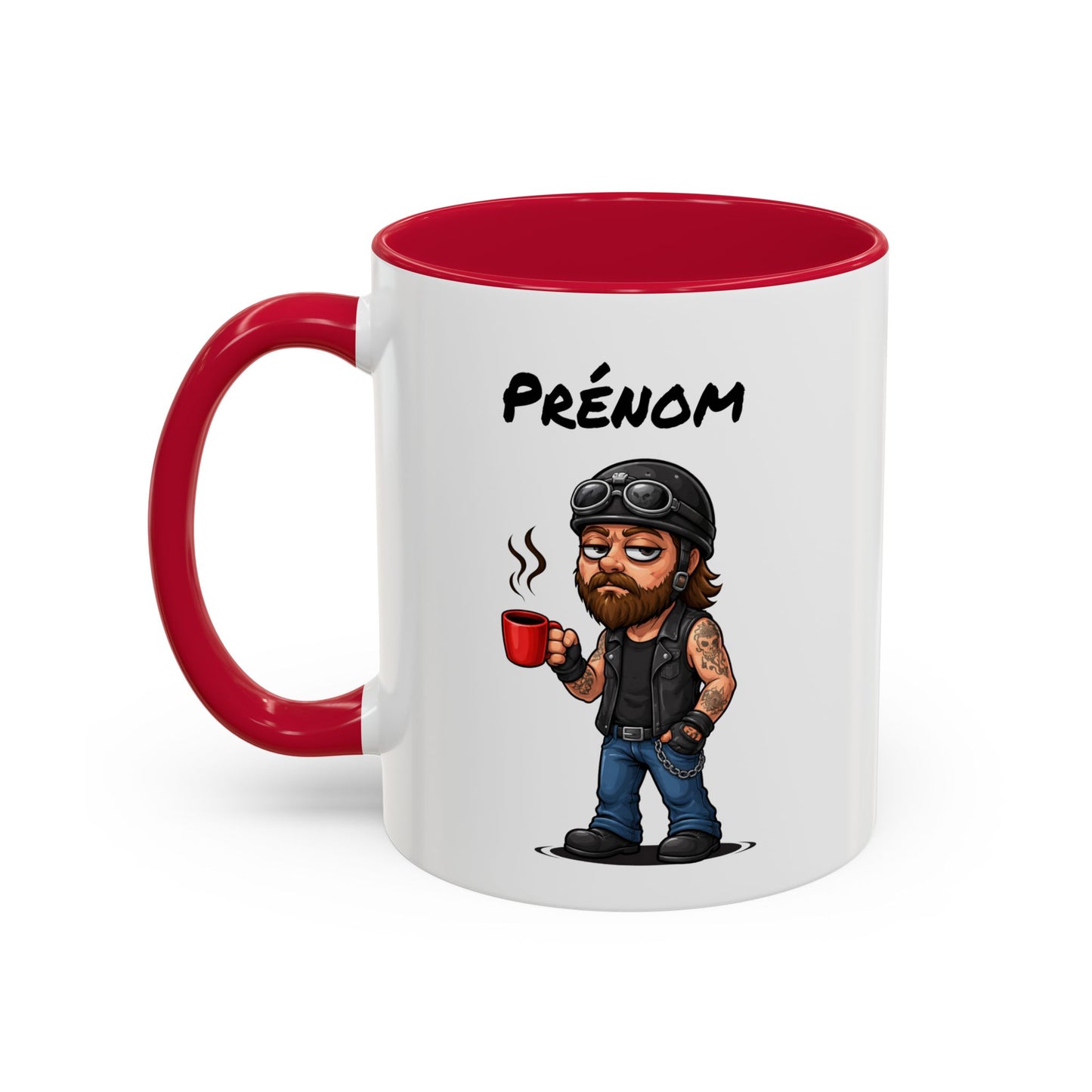 Tasse Motard Fatigué avec Café – Mug Biker Style Rock – Illustration Homme Barbu Casque Moto 325ml
