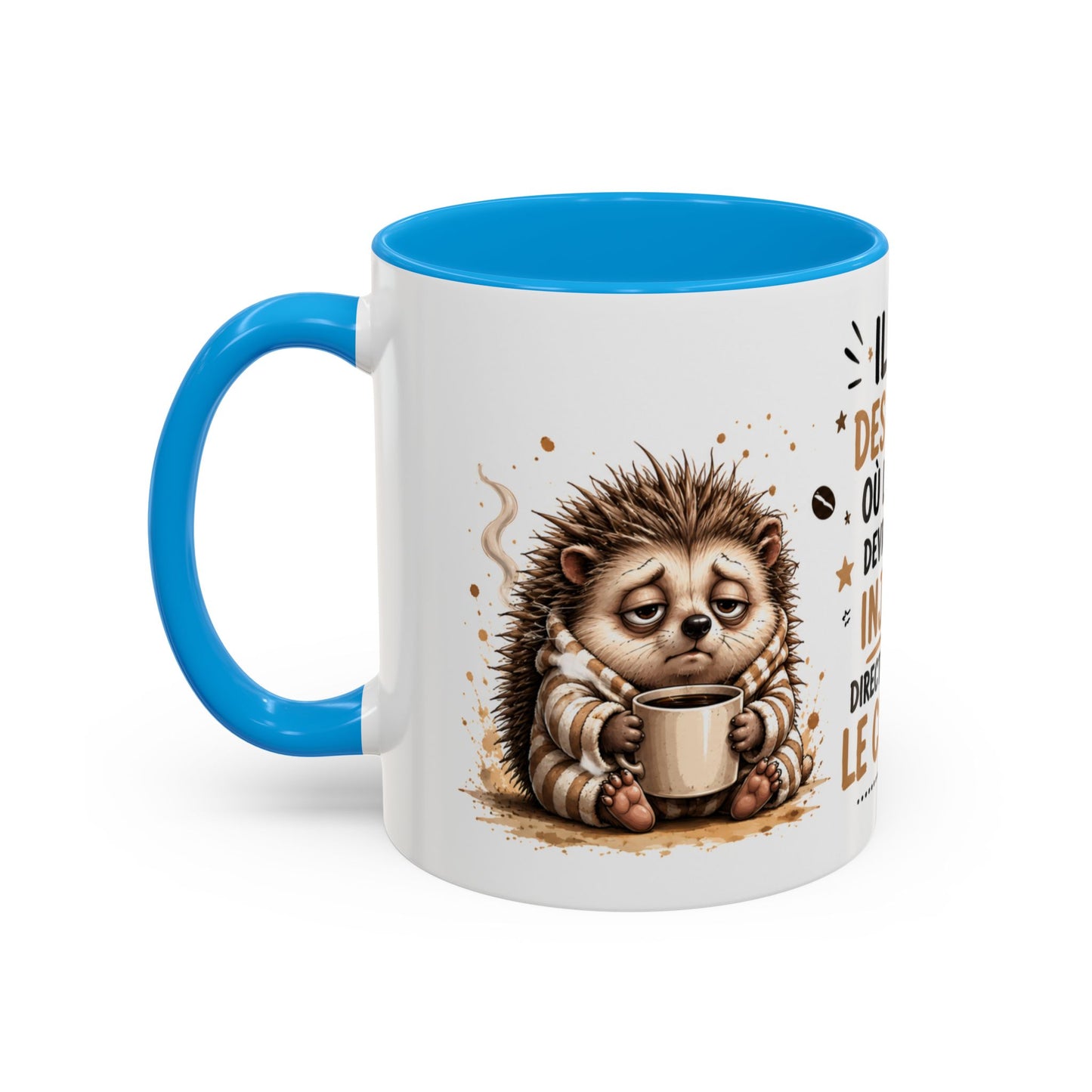 Tasse Café Injecté Dans Le Cerveau – Mug Hérisson Fatigué Humour – Cadeau Café 325ml