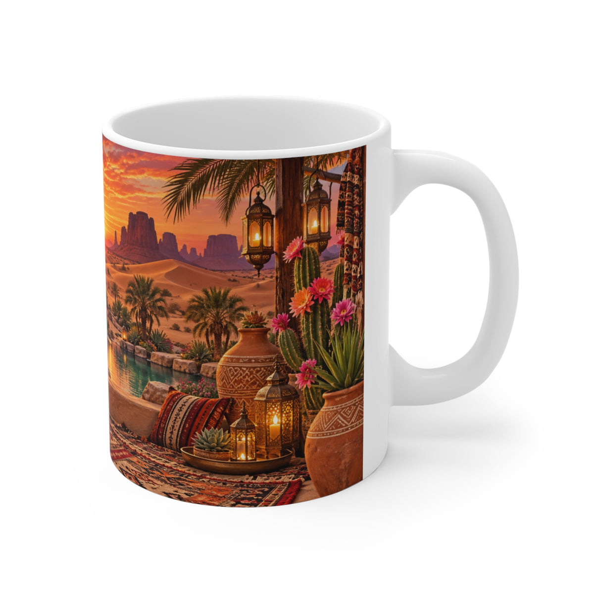 Mug Paysage Désertique Oriental au Coucher de Soleil – Tasse Oasis, Cactus, Lanternes et Décor Bohème – Cadeau Original Voyage et Déco